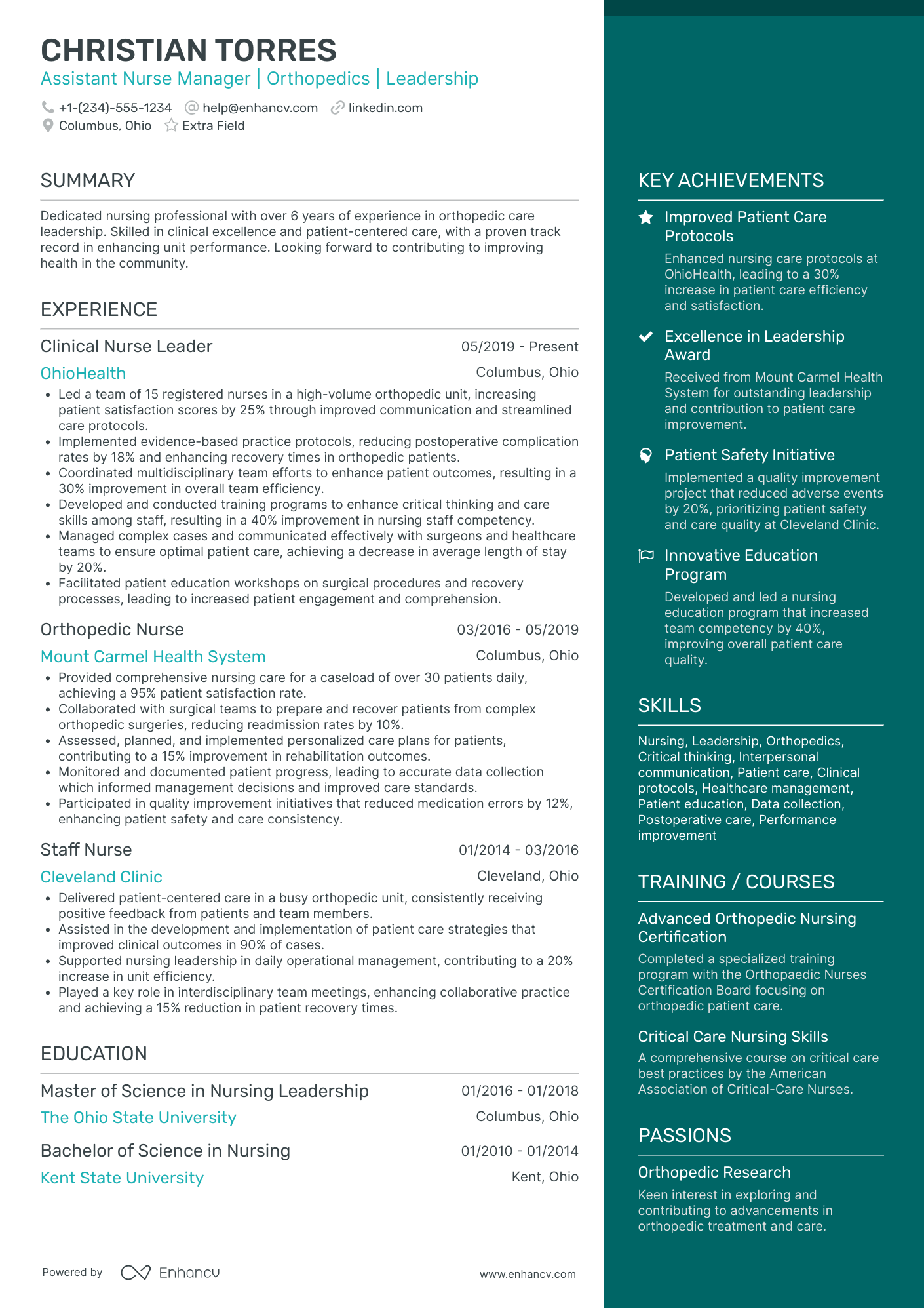 Orthopedic Nurse Manager Resume Example