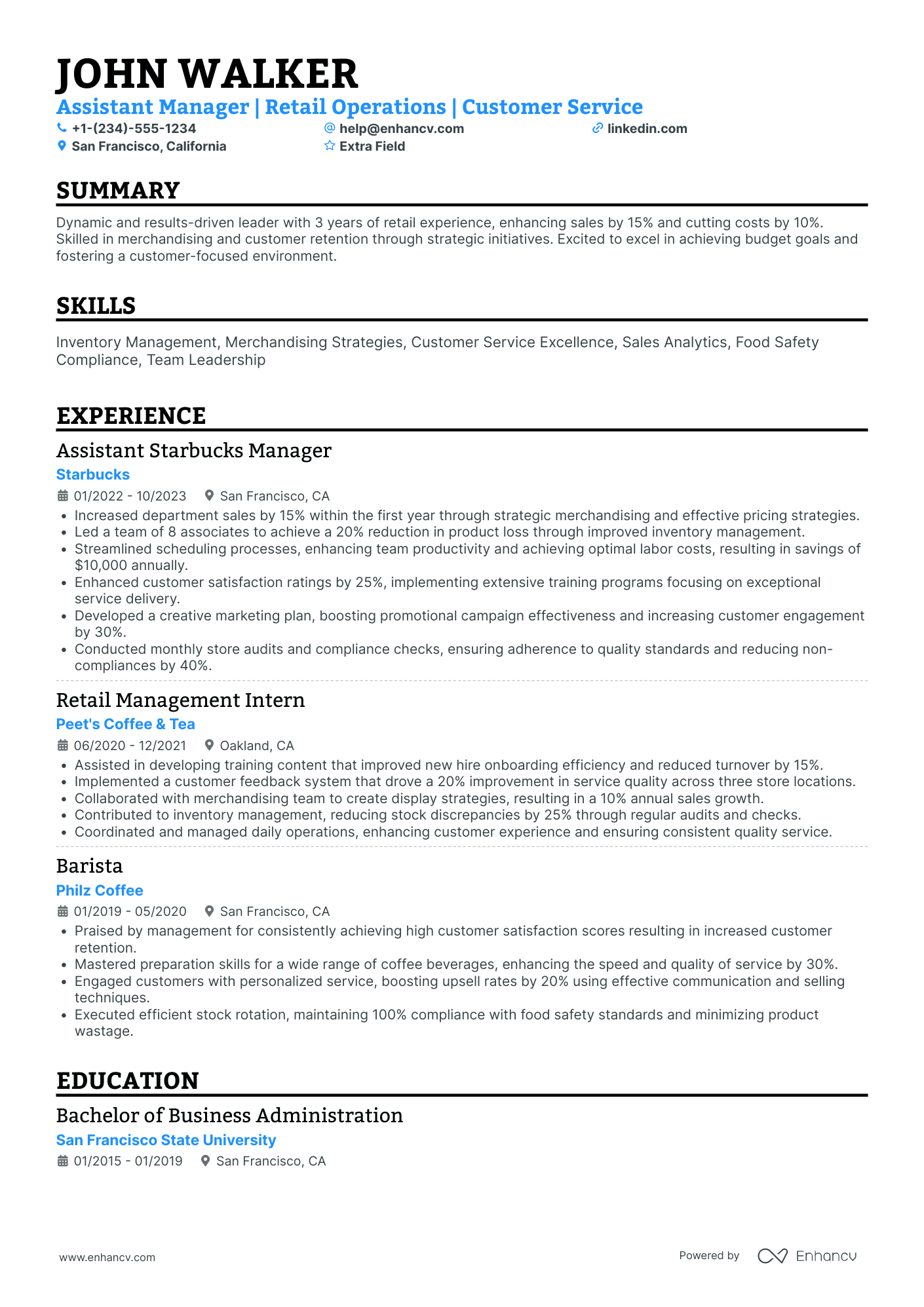 Starbucks Assistant Store Manager Resume Example