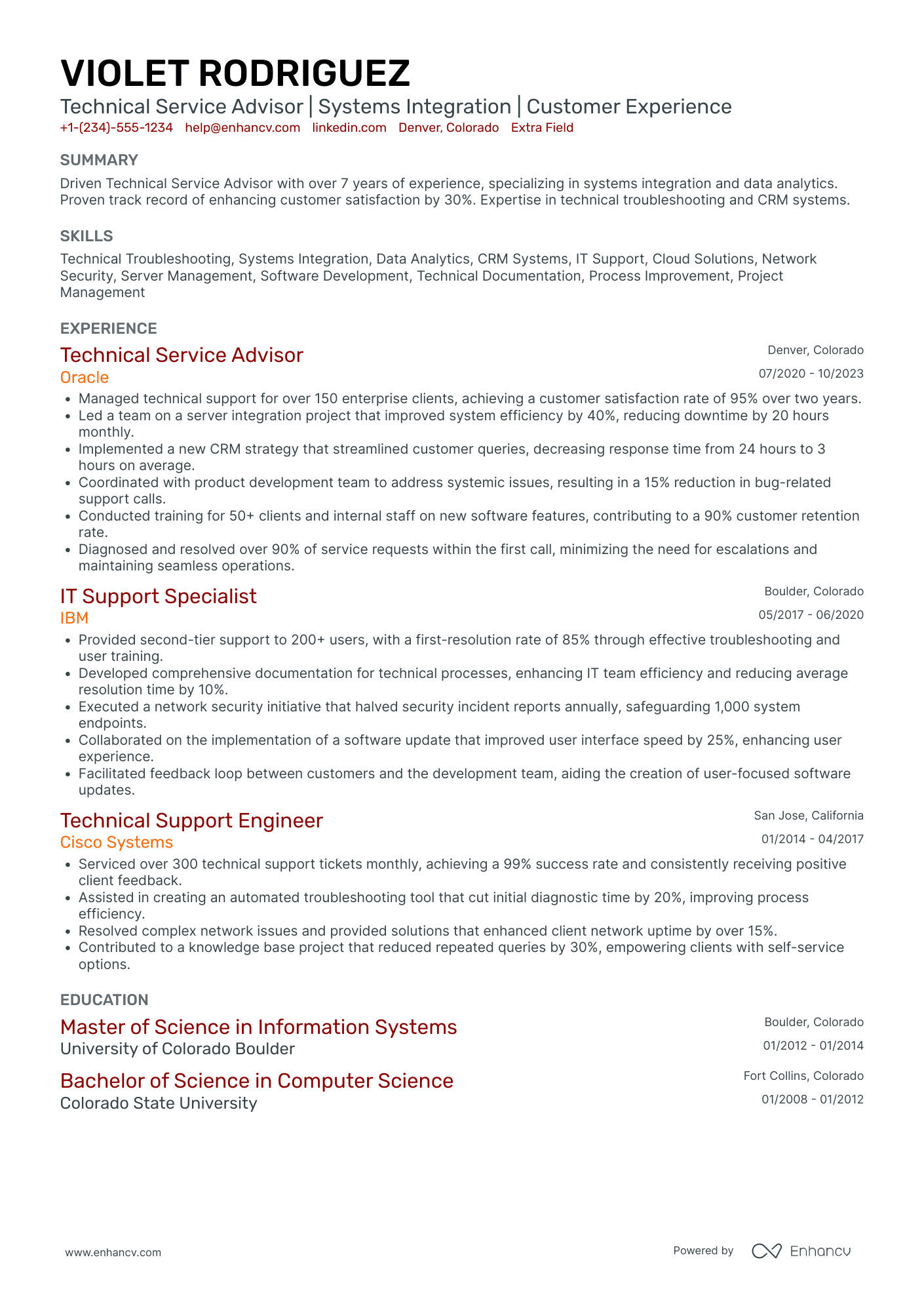 Technical Service Advisor Resume Example