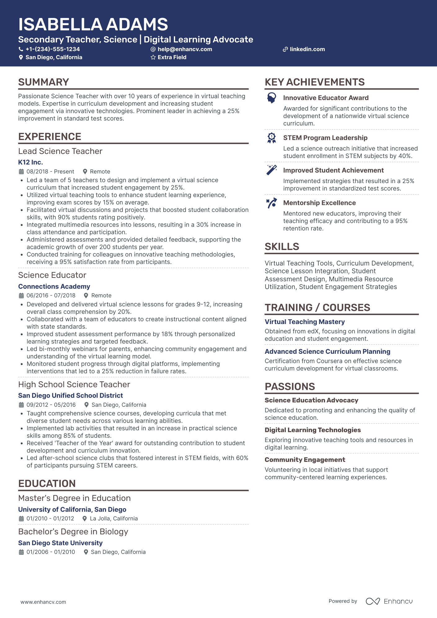 Online Science Teacher Resume Example