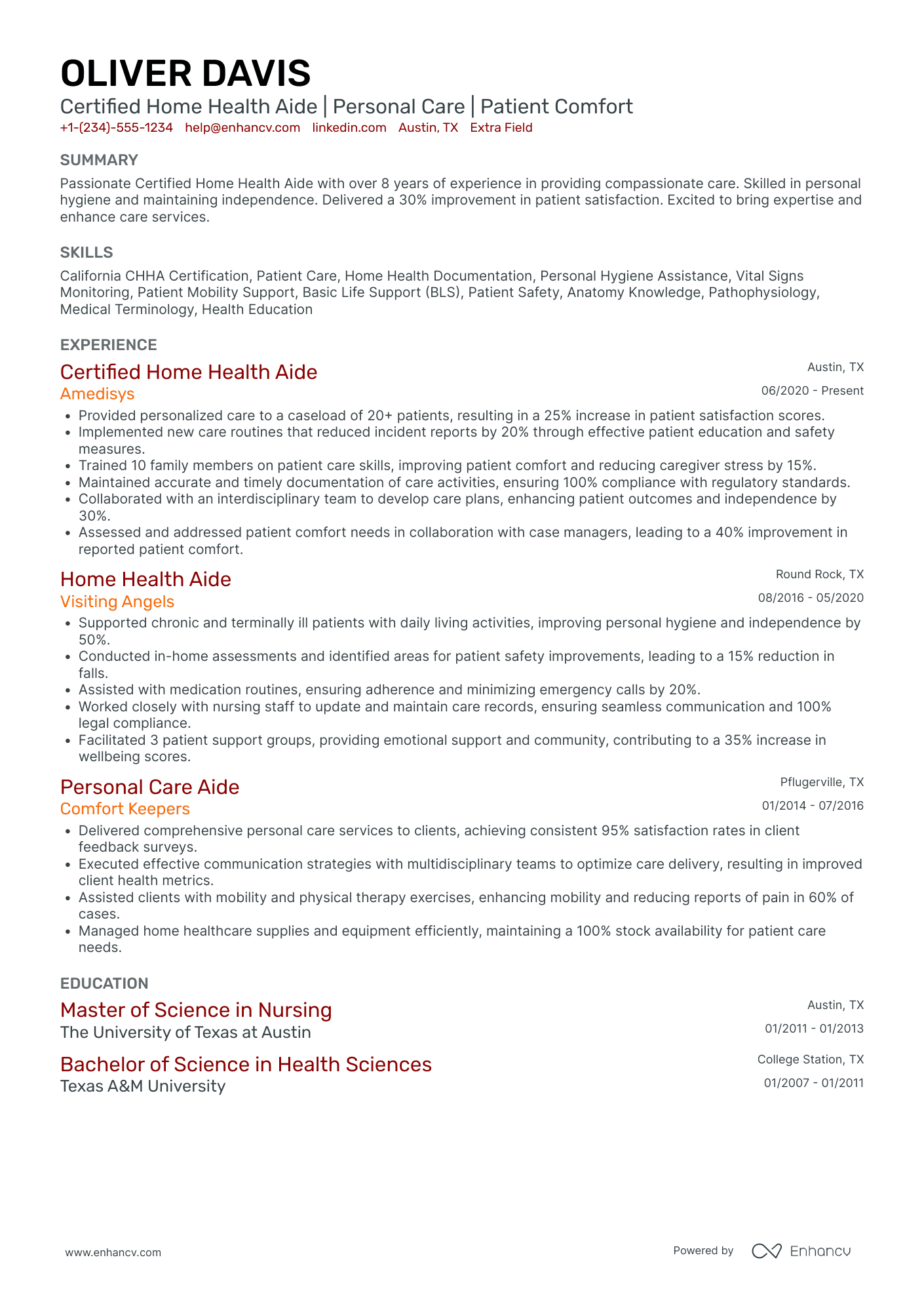 Senior Home Health Aide Resume Example