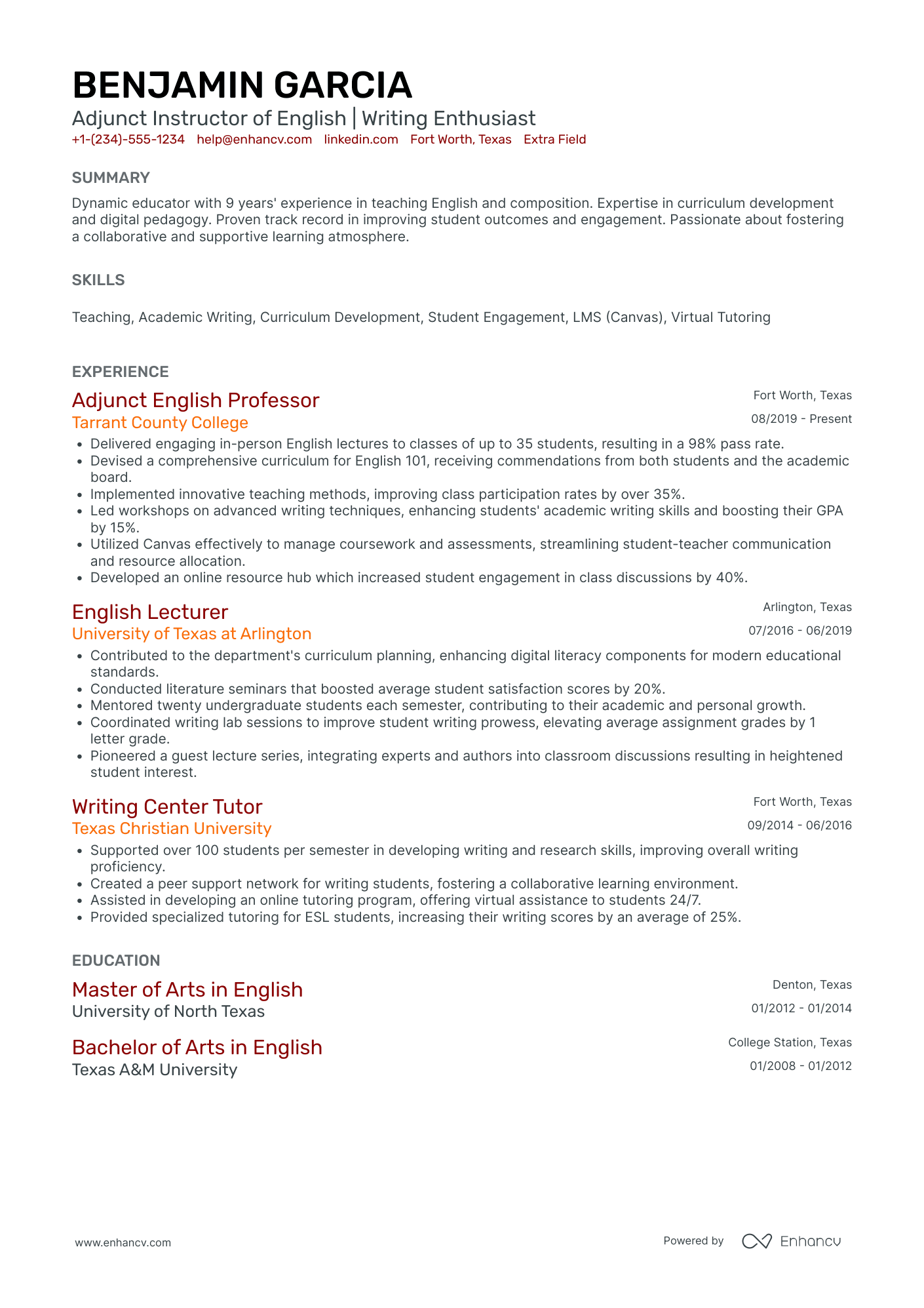 English Tutor Resume Example