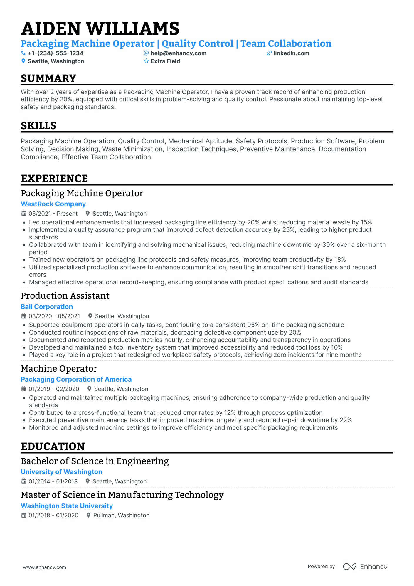 Entry Level Machine Operator Resume Example