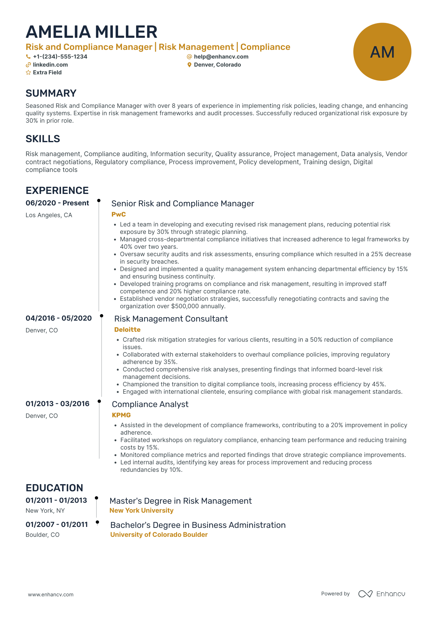 Compliance Risk Manager Resume Example