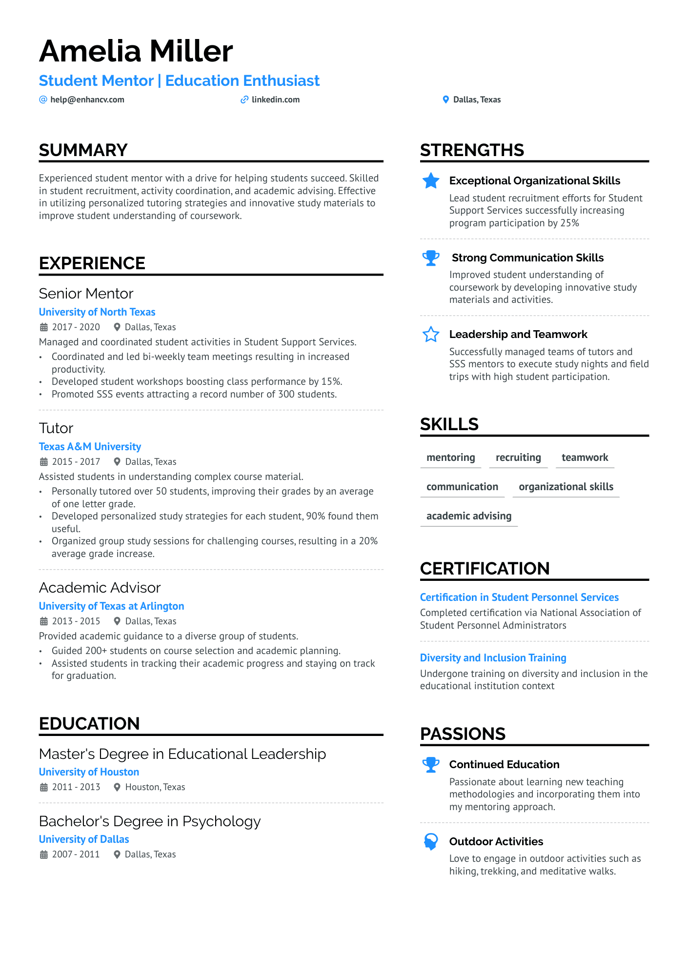 Peer Mentor Resume Example