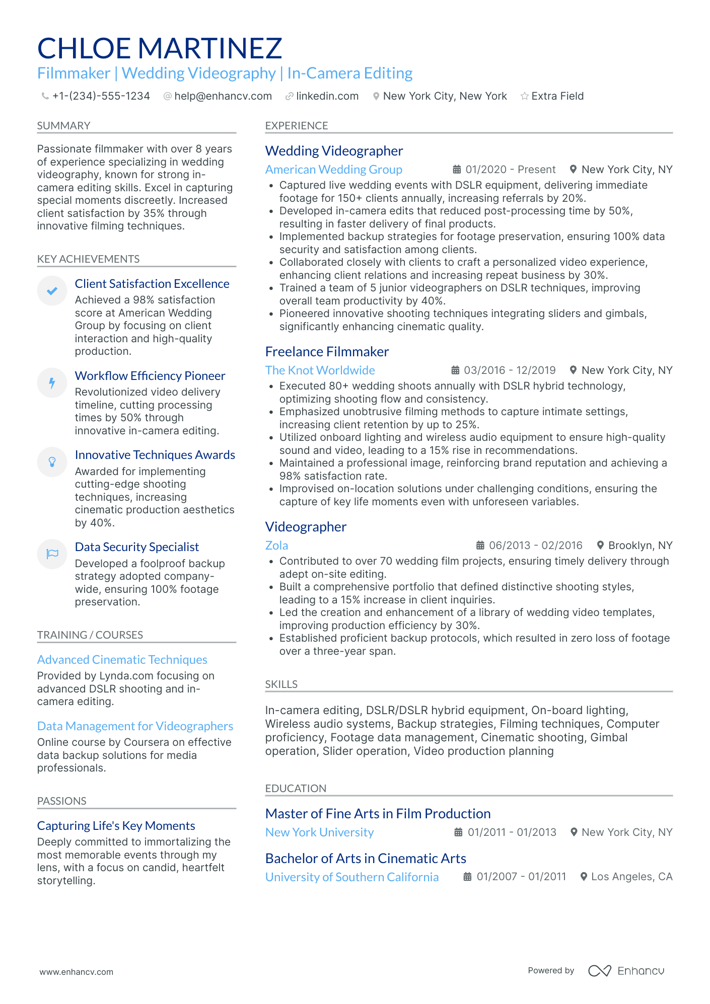 Wedding Videographer Resume Example