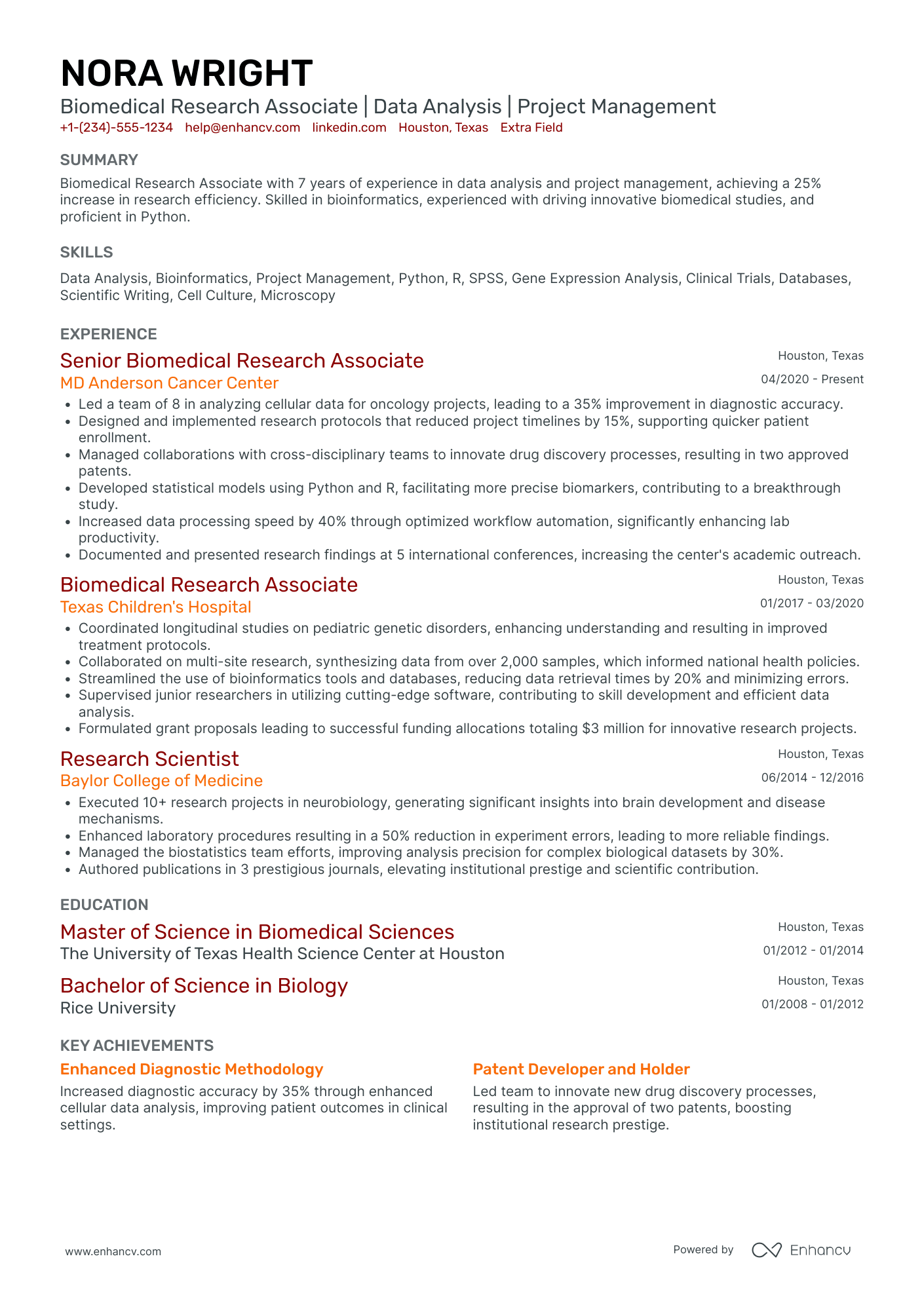 Biomedical Research Associate Resume Example