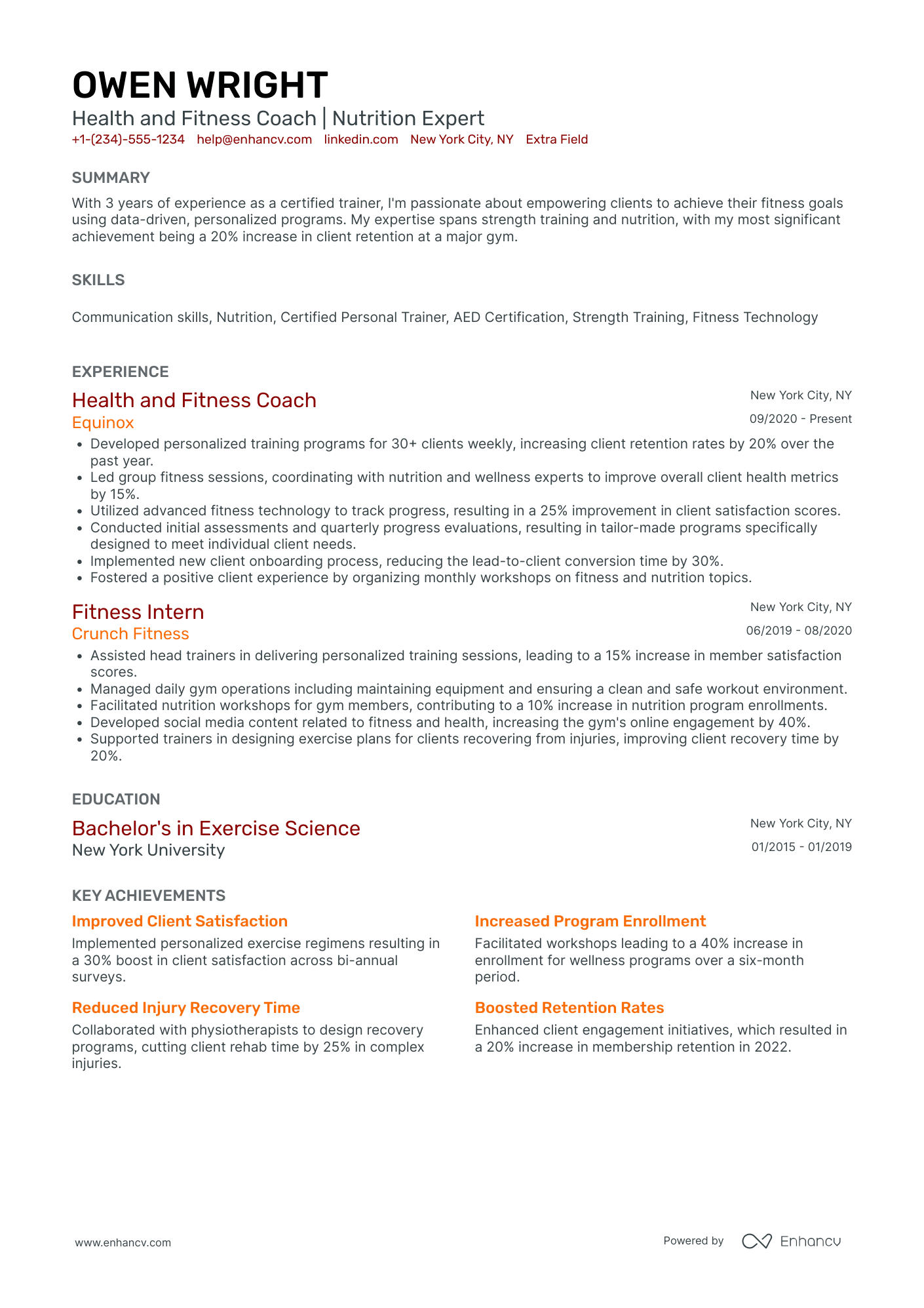 Junior Health and Fitness Coach Resume Example