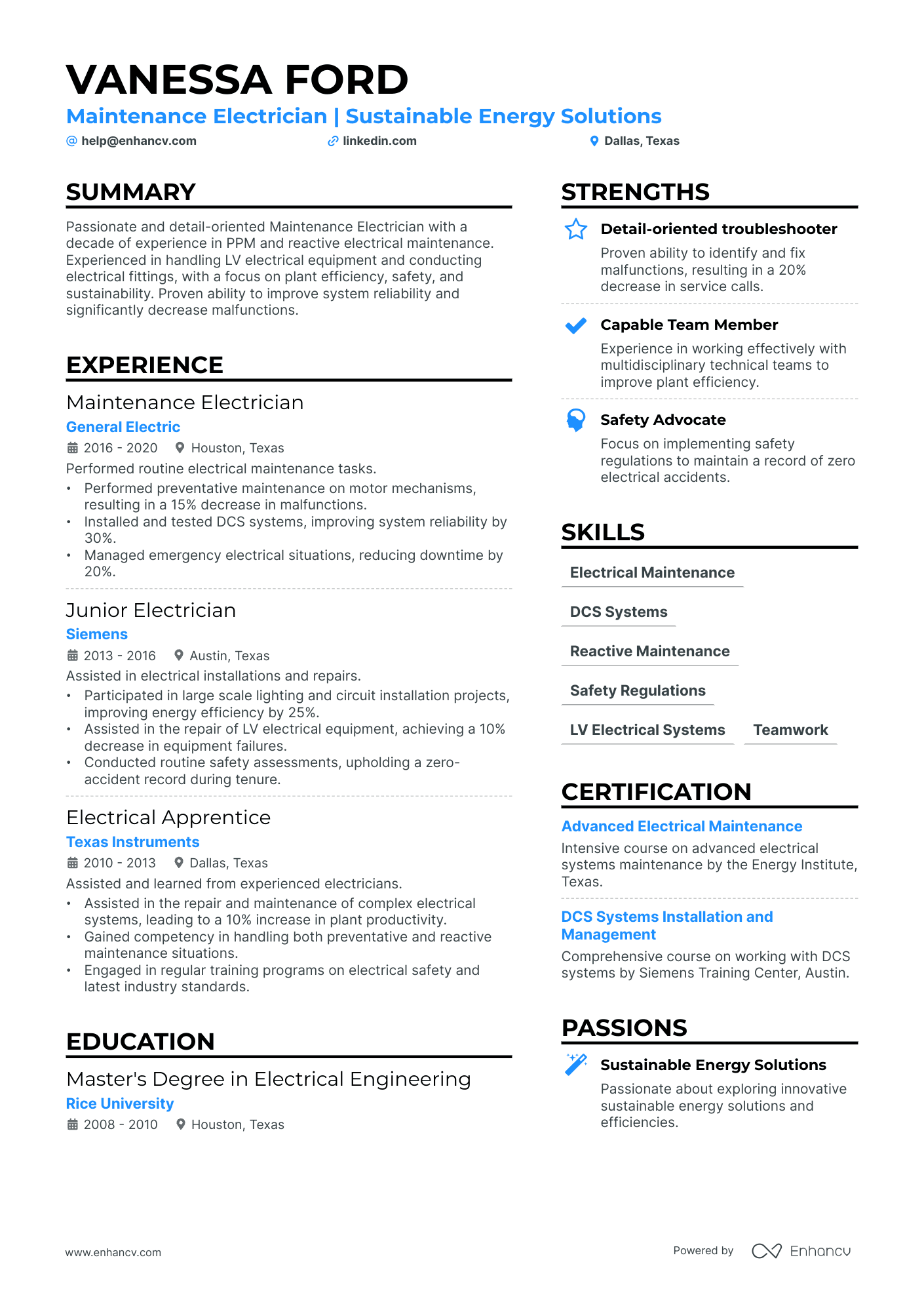 Maintenance Electrician Resume Example