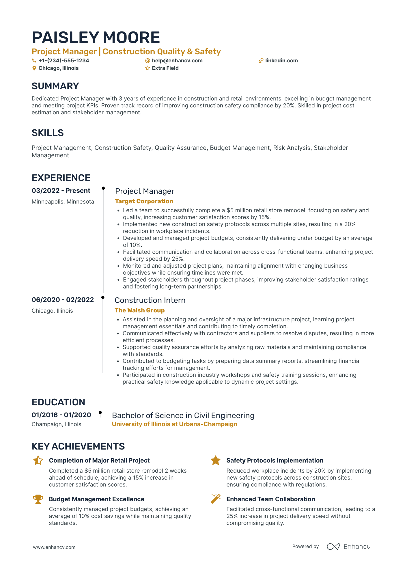 Junior Construction Project Manager Resume Example