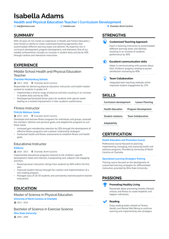 First Year Physical Education Teacher Resume Example