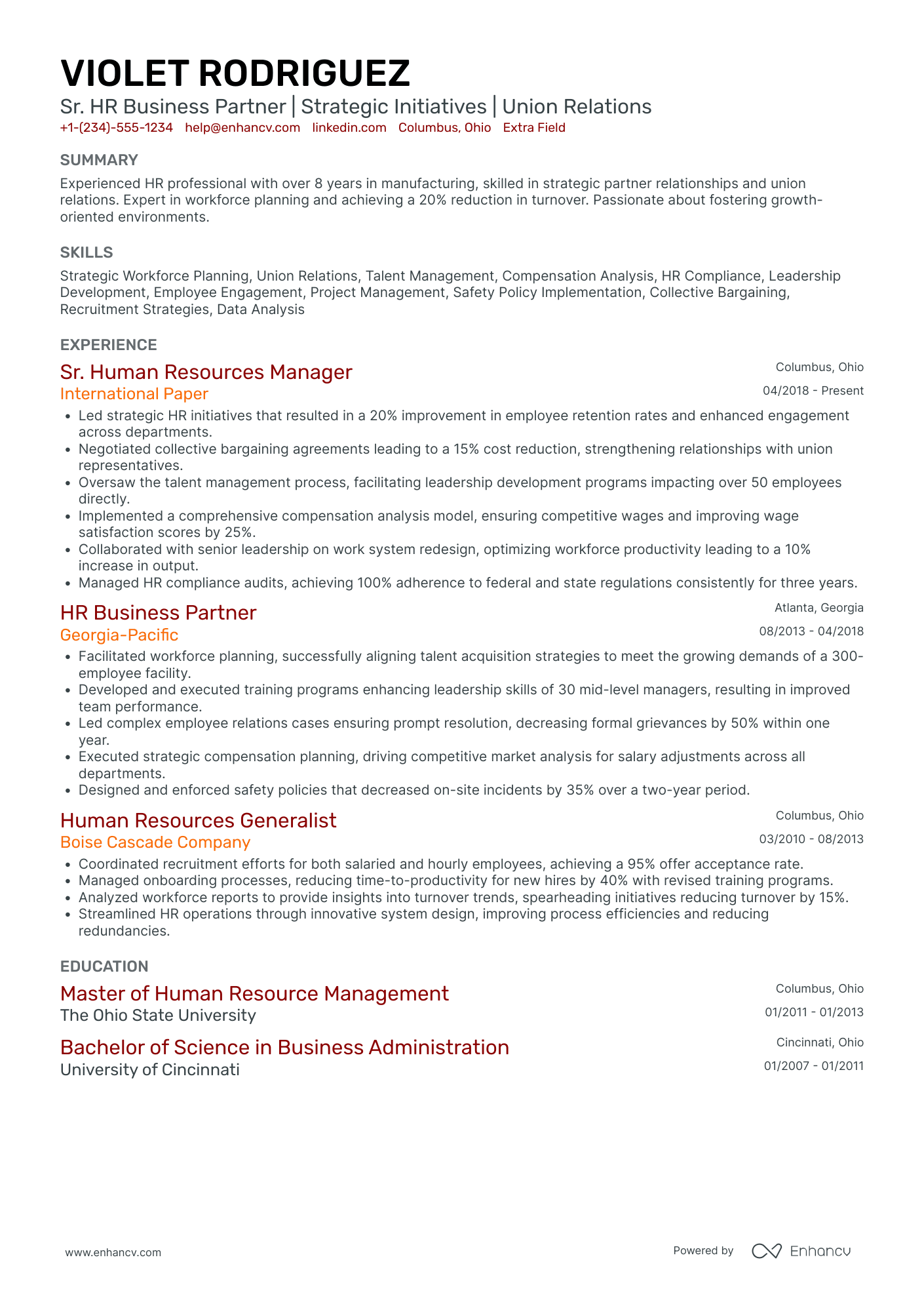 Senior HR Business Partner Resume Example