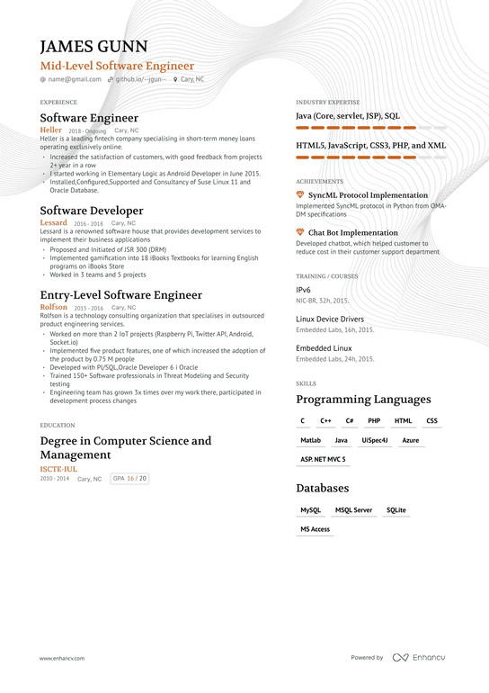 Mid Level Software Engineer Resume Example