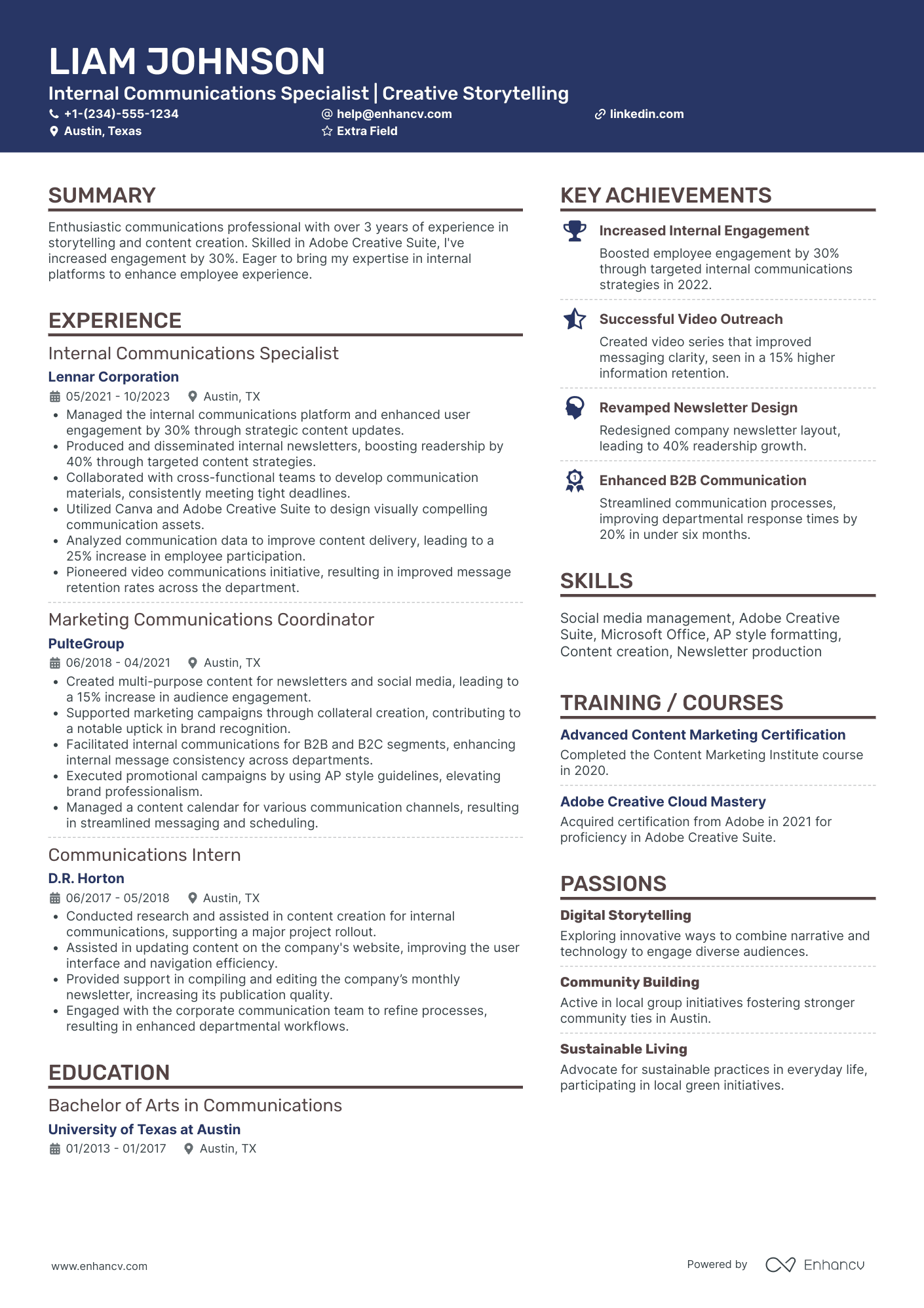 Junior Internal Communications Specialist Resume Example