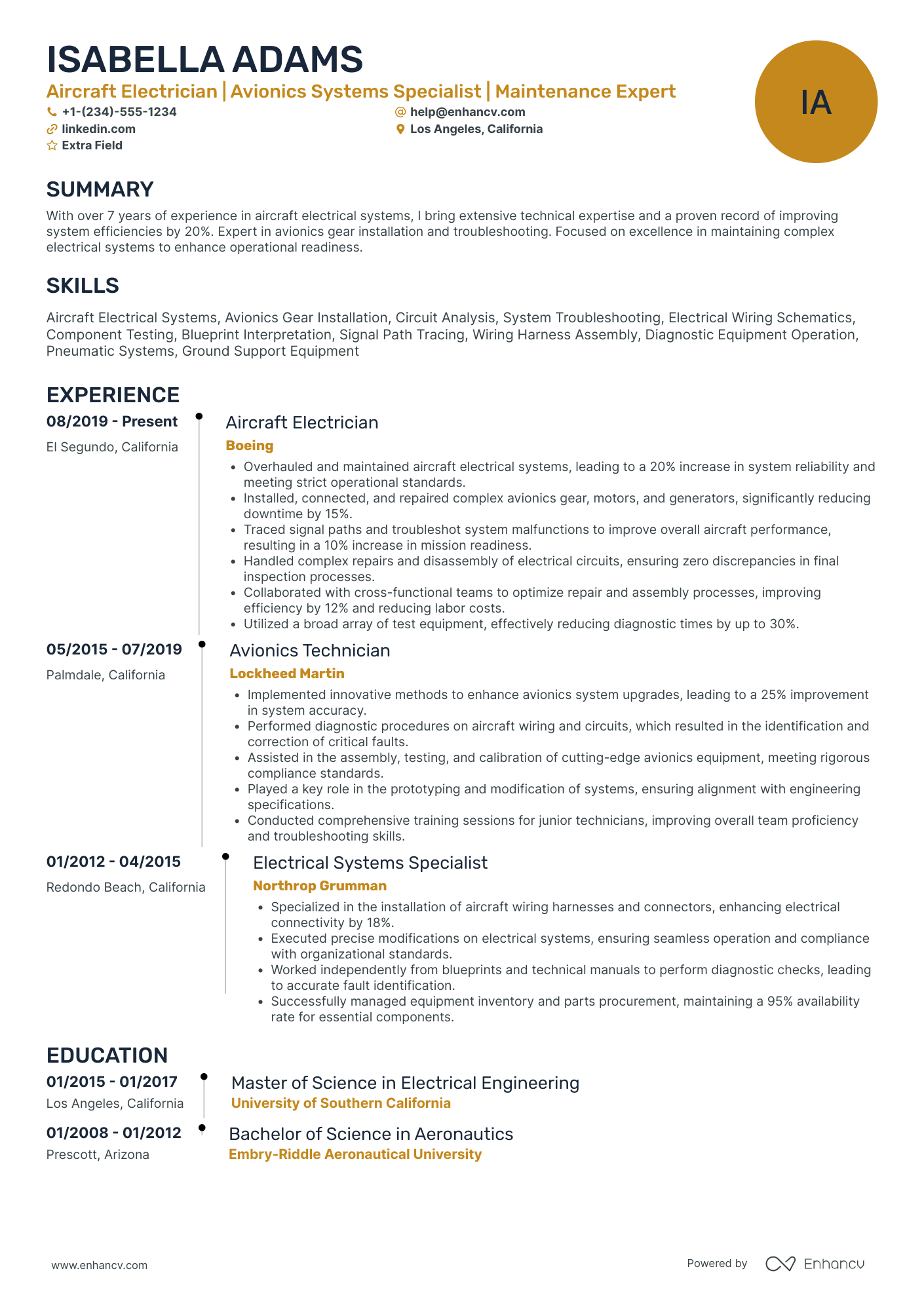 Aircraft Electrician Resume Example