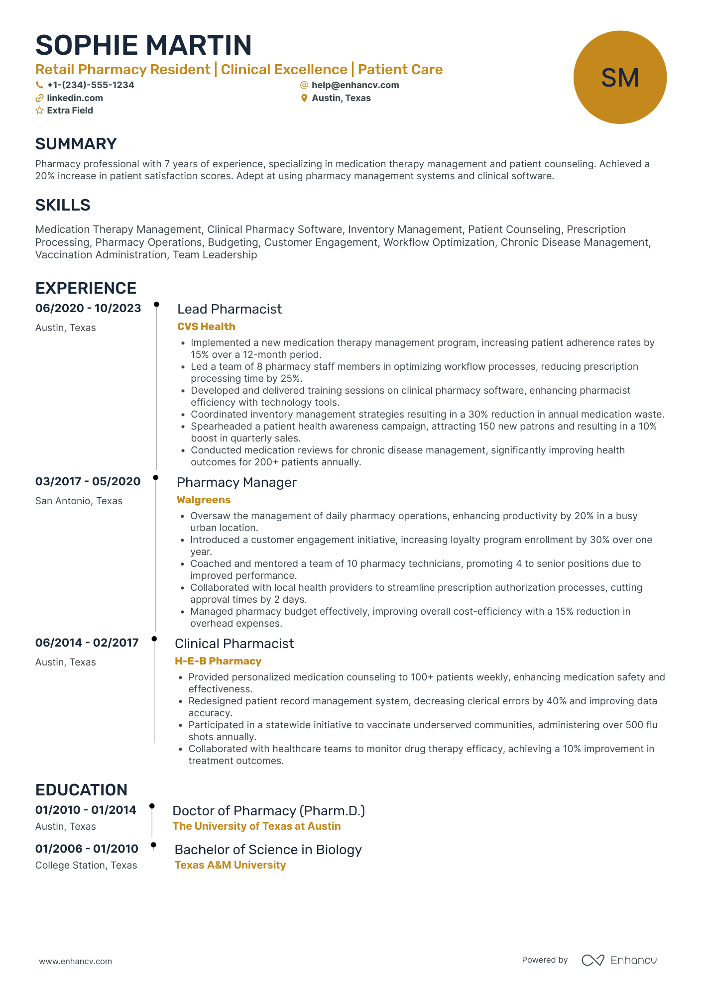 Retail Pharmacy Resident Resume Example