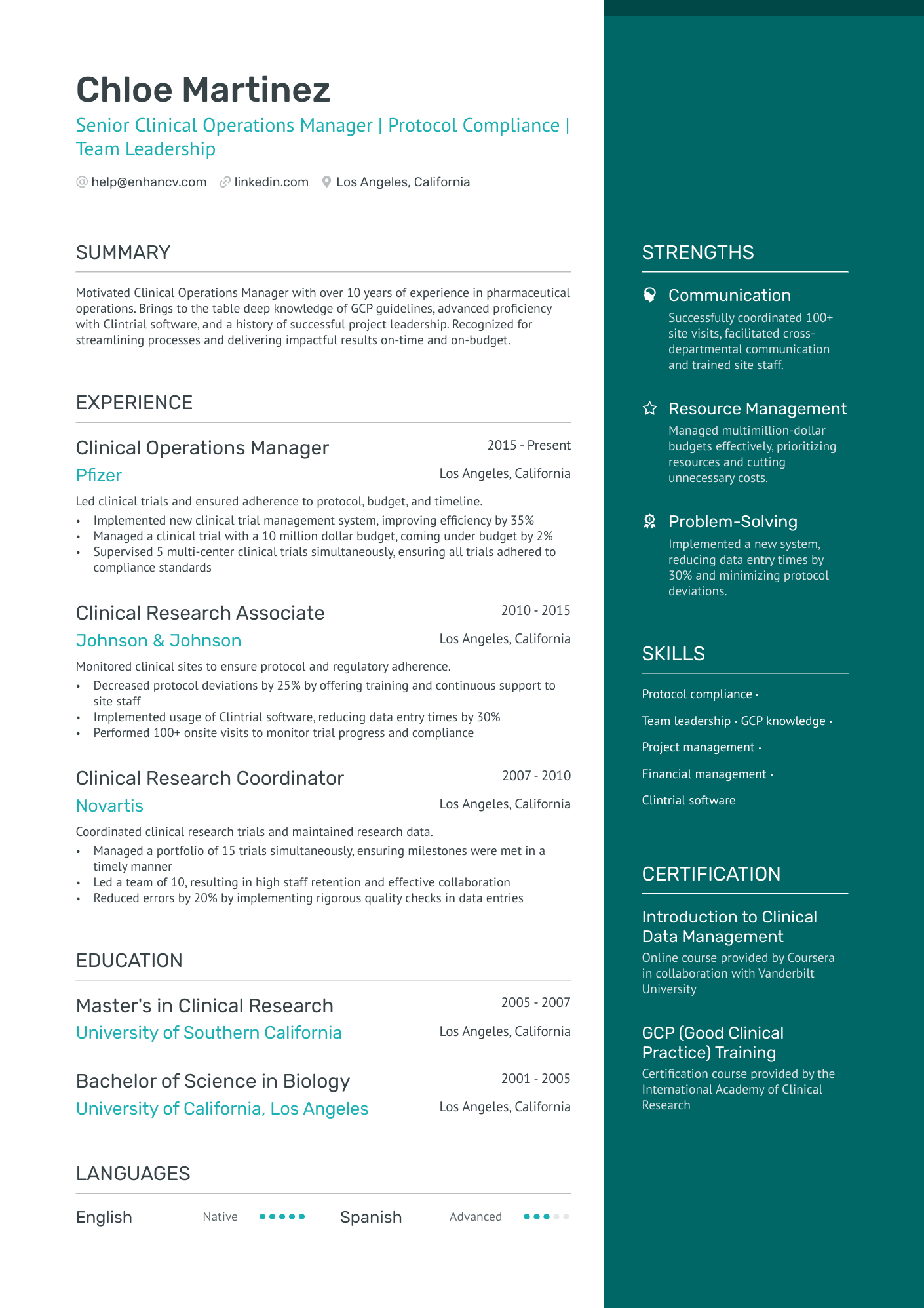 Senior Clinical Operations Manager Resume Example