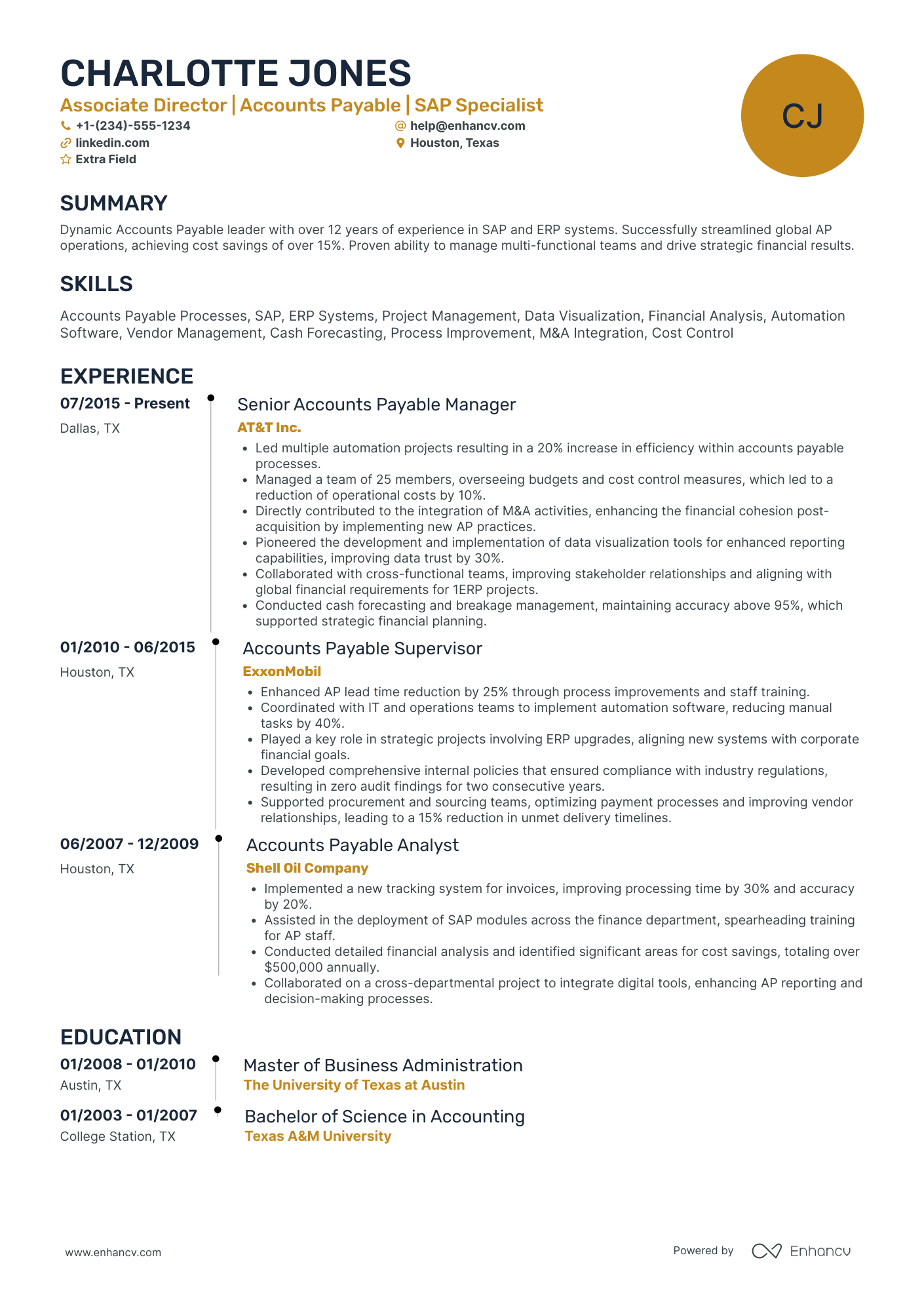 Accounts Payable Operations Manager Resume Example