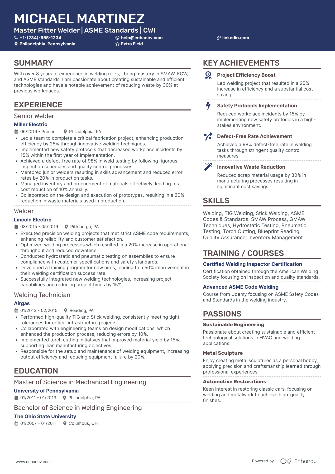 Master Welder Resume Example