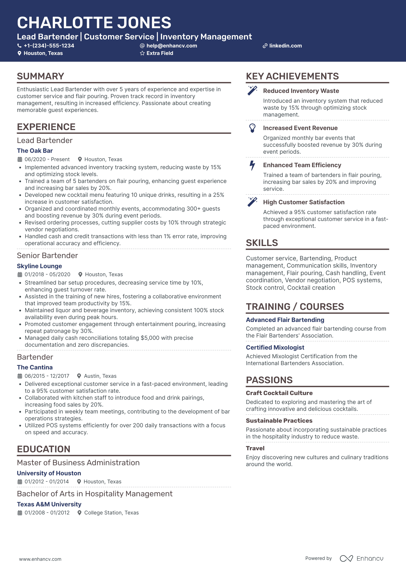 Lead Bartender Resume Example