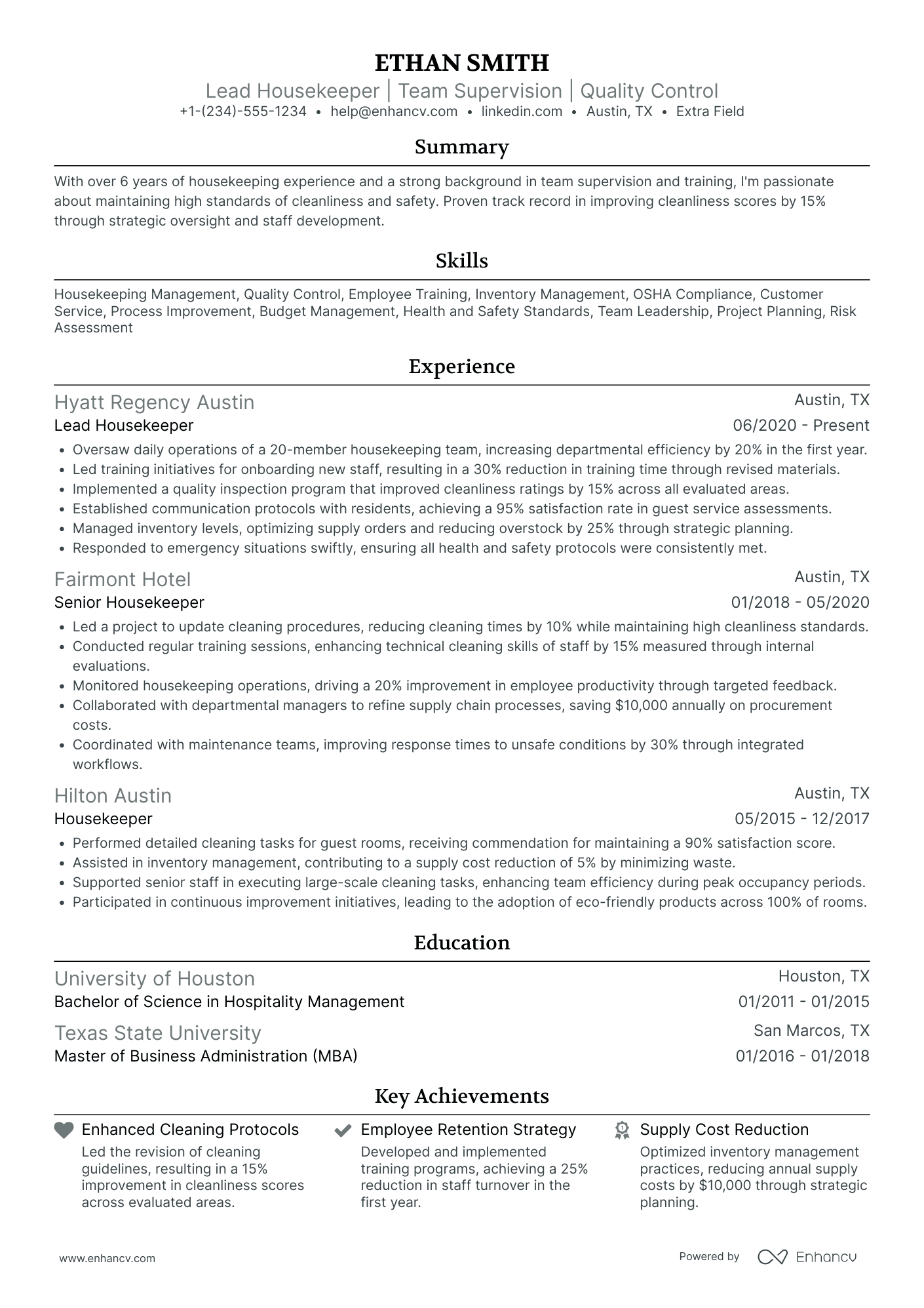 Lead Housekeeper Resume Example