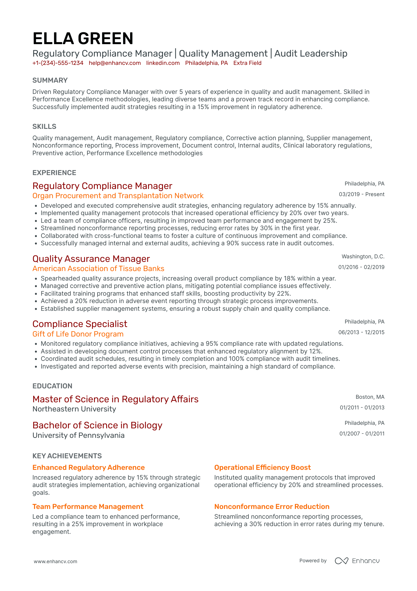 Compliance Regulatory Manager Resume Example