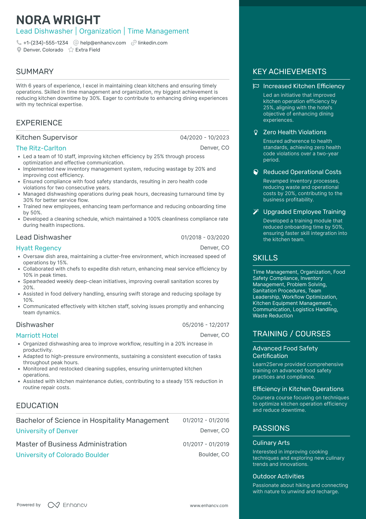 Head Dishwasher Resume Example