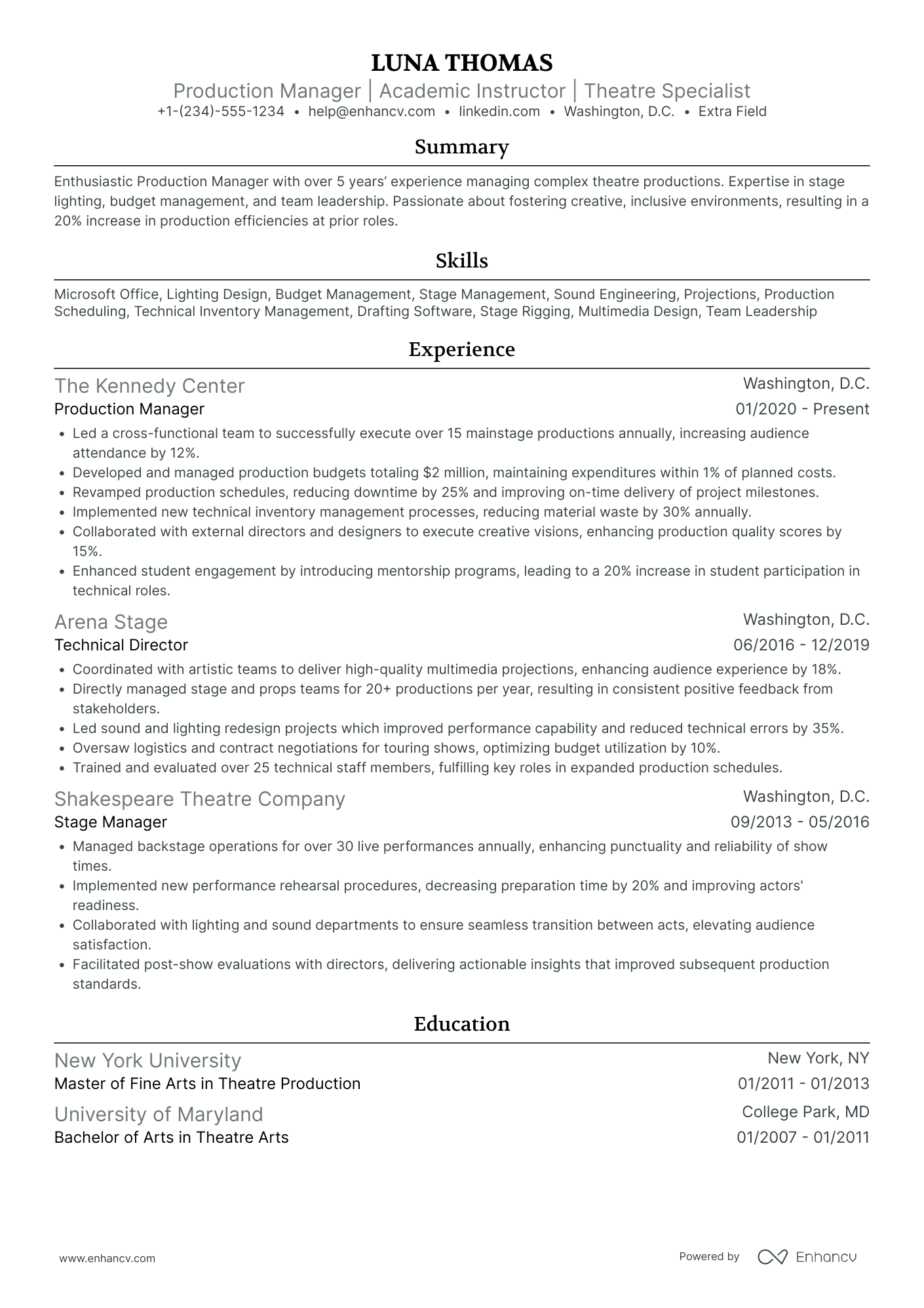 Dance Company Artistic Director Resume Example