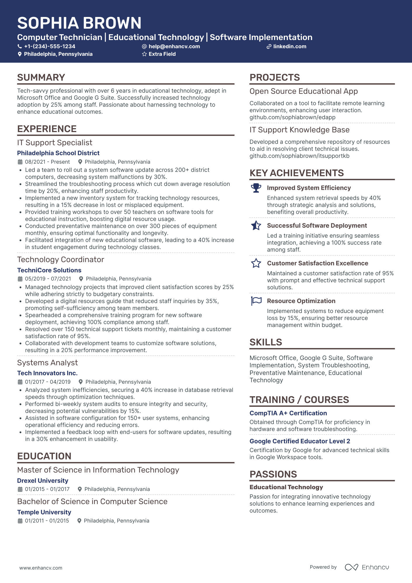 Senior Computer Technician Resume Example