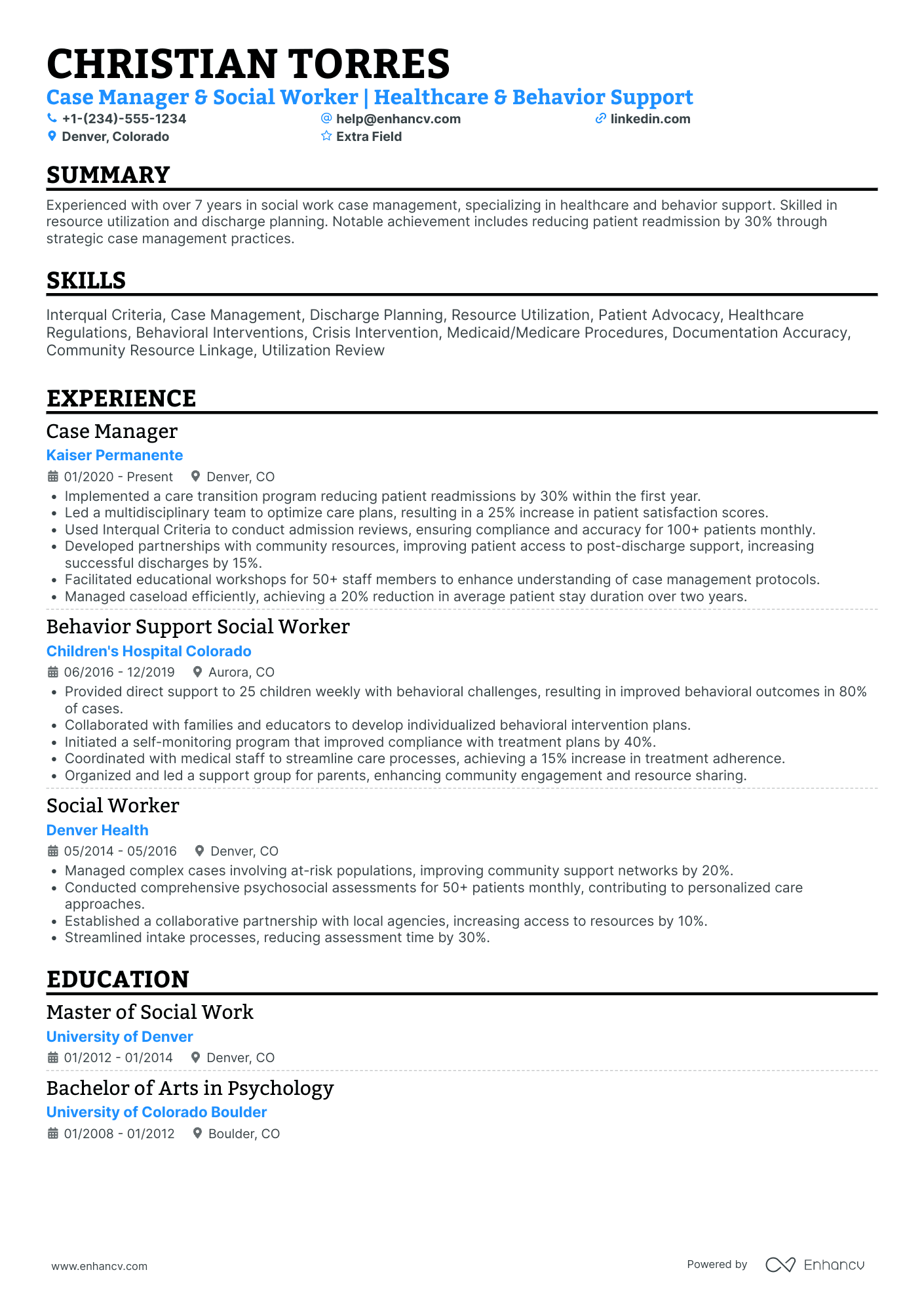 US Health and Human Services Case Manager Resume Example