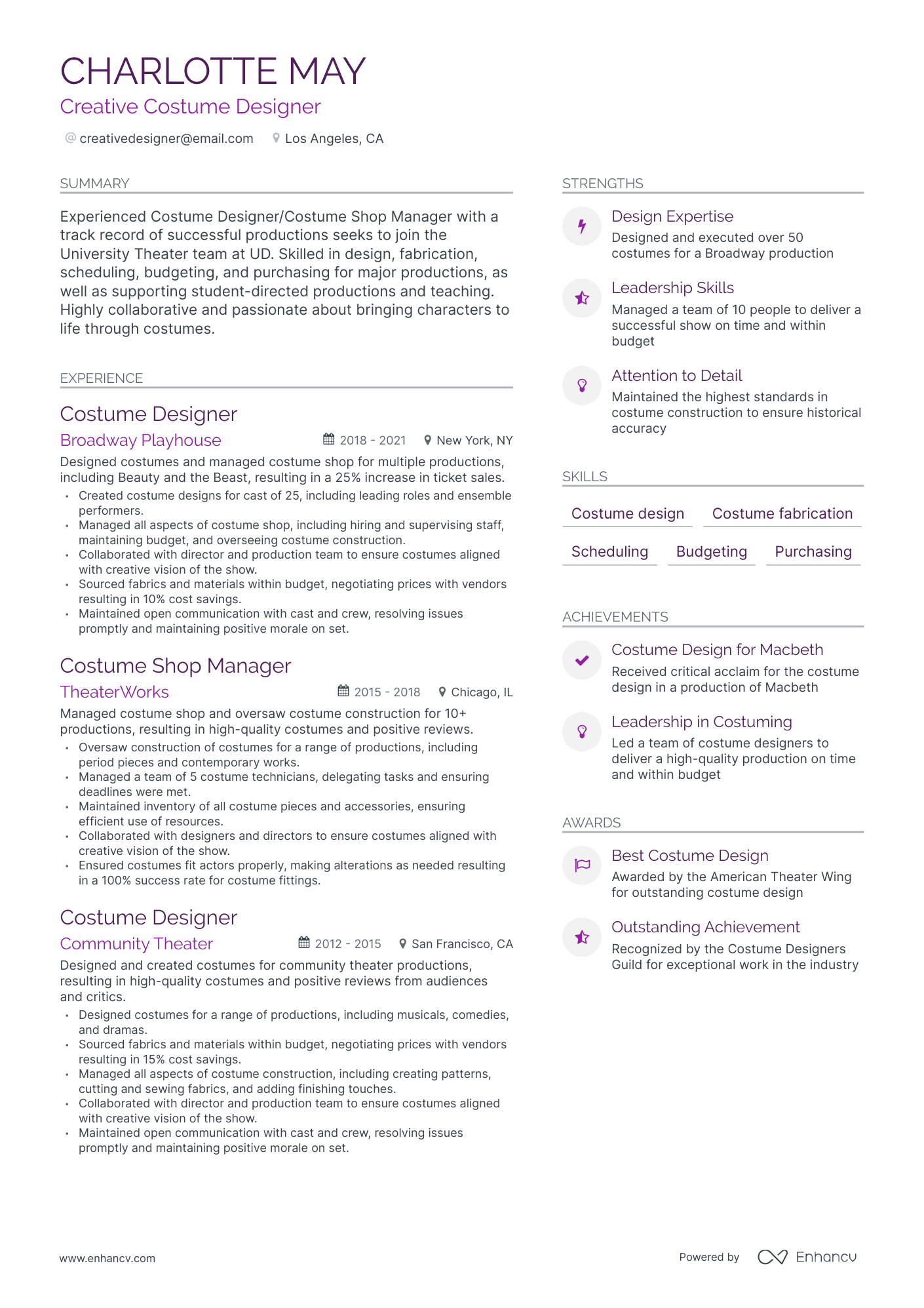 Costume Designer Resume Example
