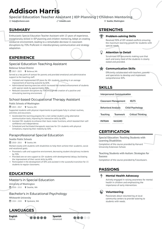 Special Education Teacher Assistant Resume Example
