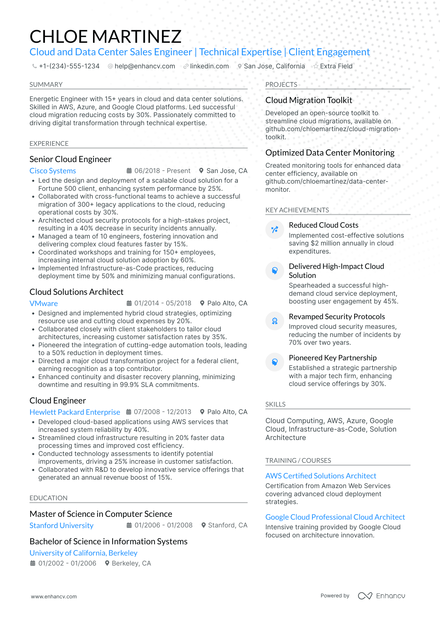 Google Cloud Sales Engineer Resume Example