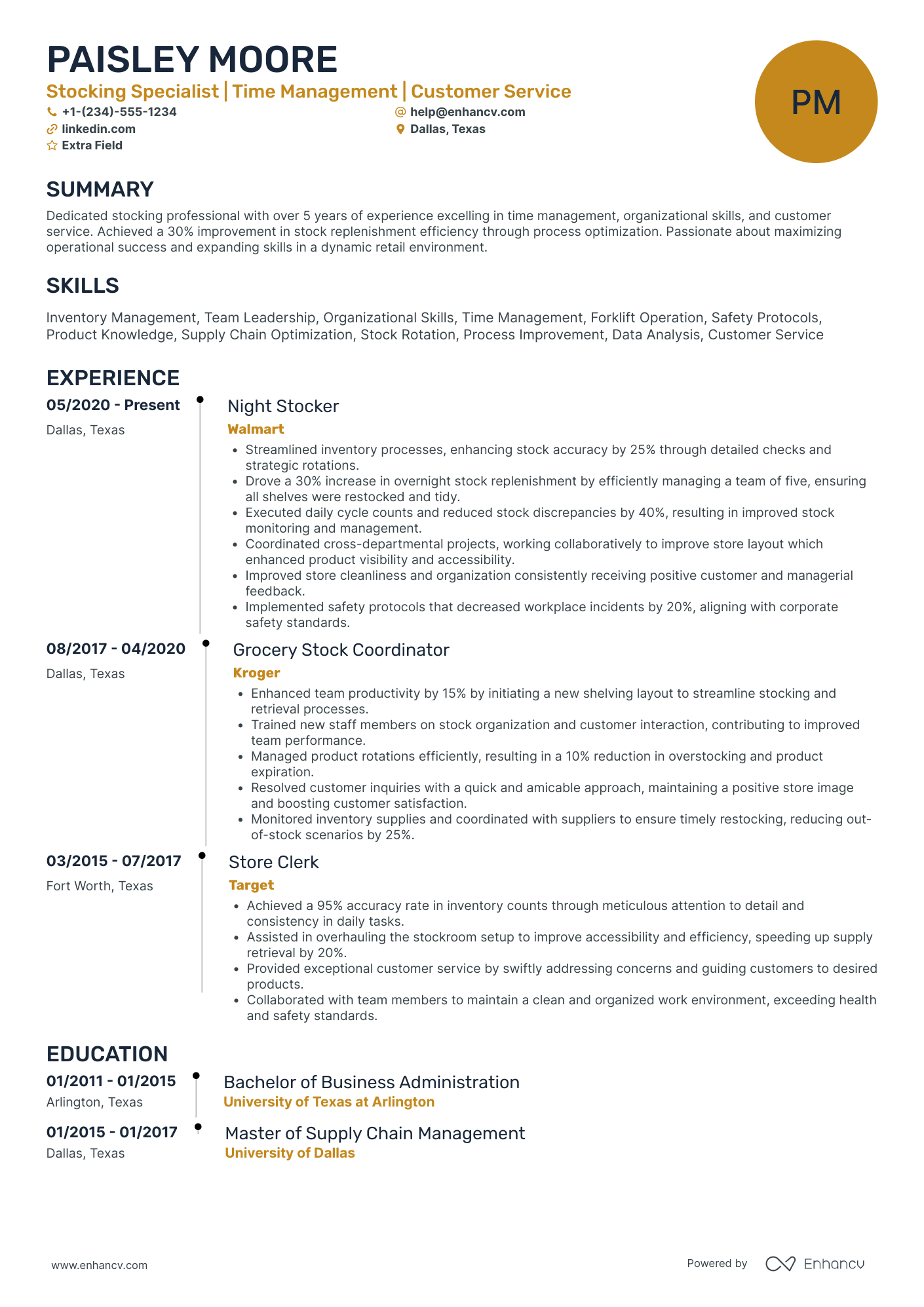 Night Shift Stocker Resume Example