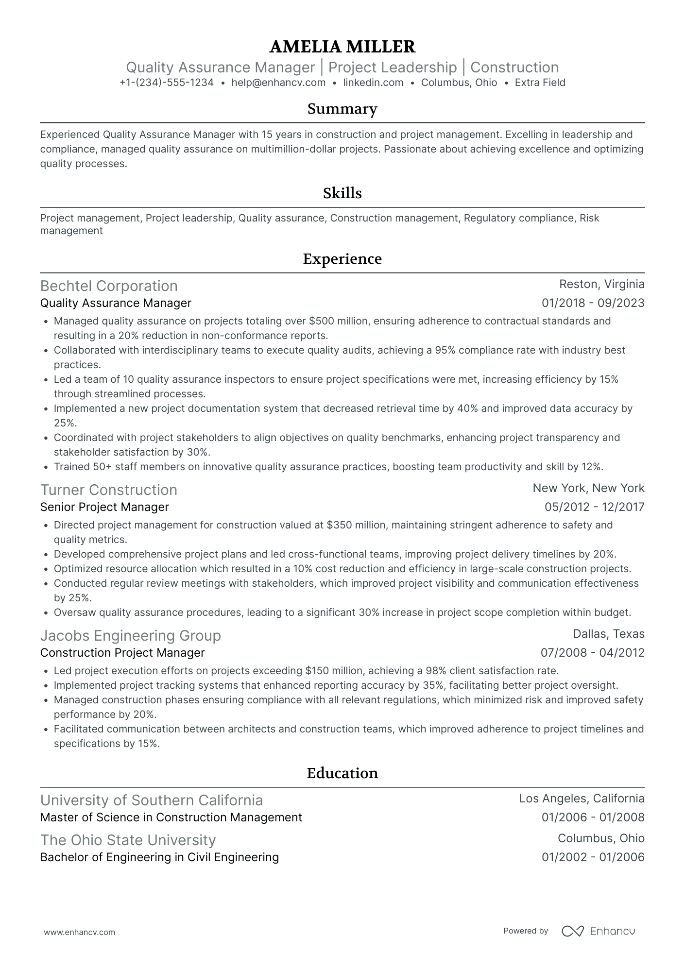 PMO Quality Assurance Manager Resume Example