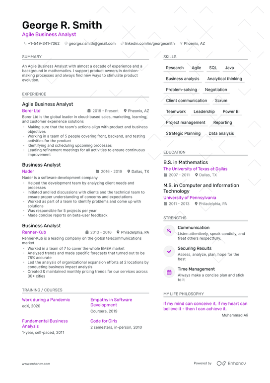 Agile Business Analyst Resume Example
