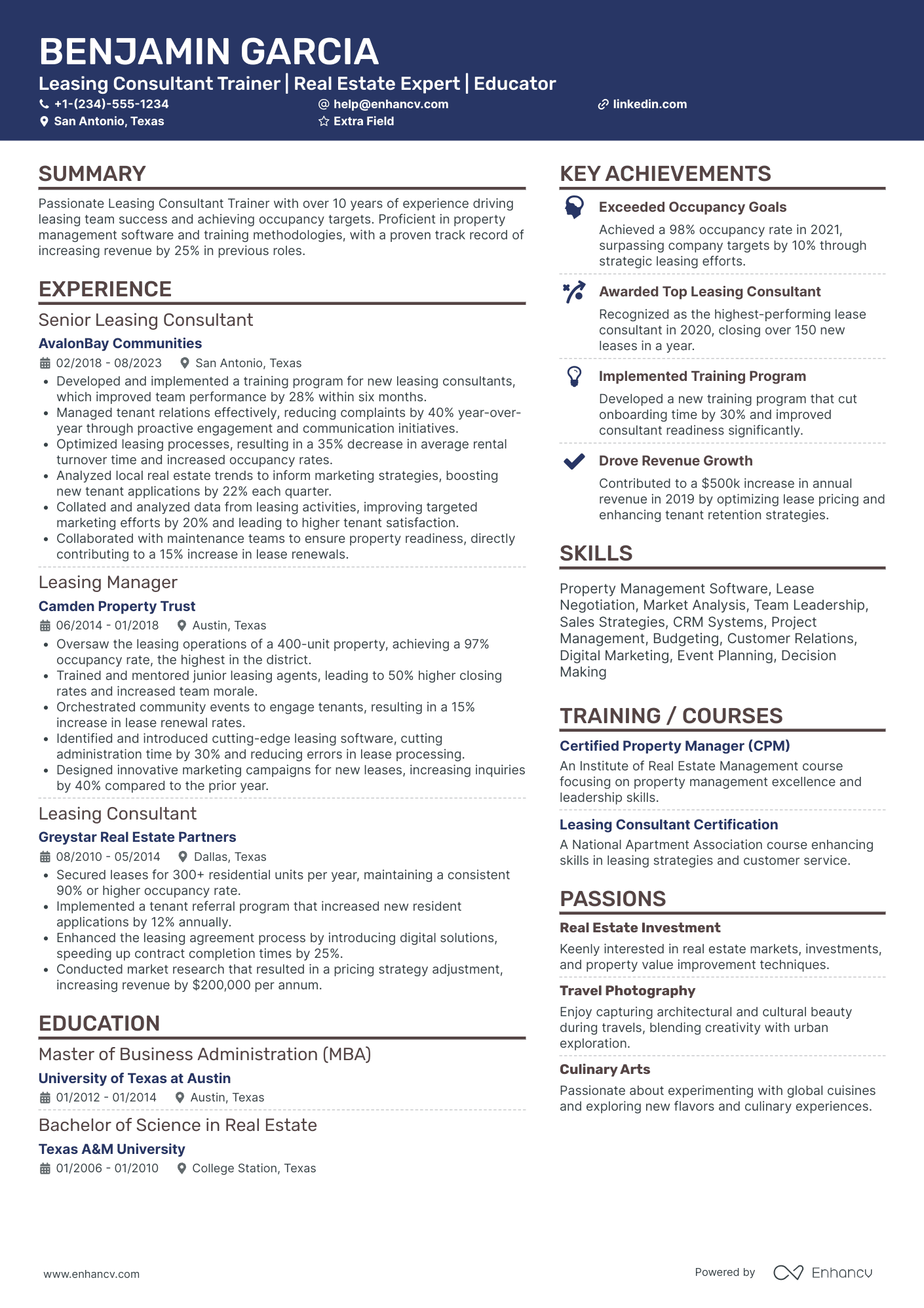 Leasing Consultant Trainer Resume Example