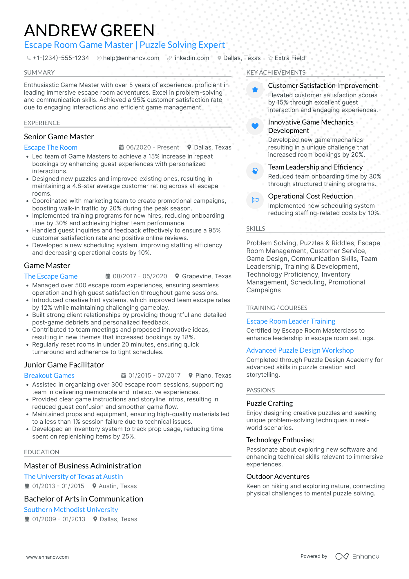 Escape Room Game Master Resume Example