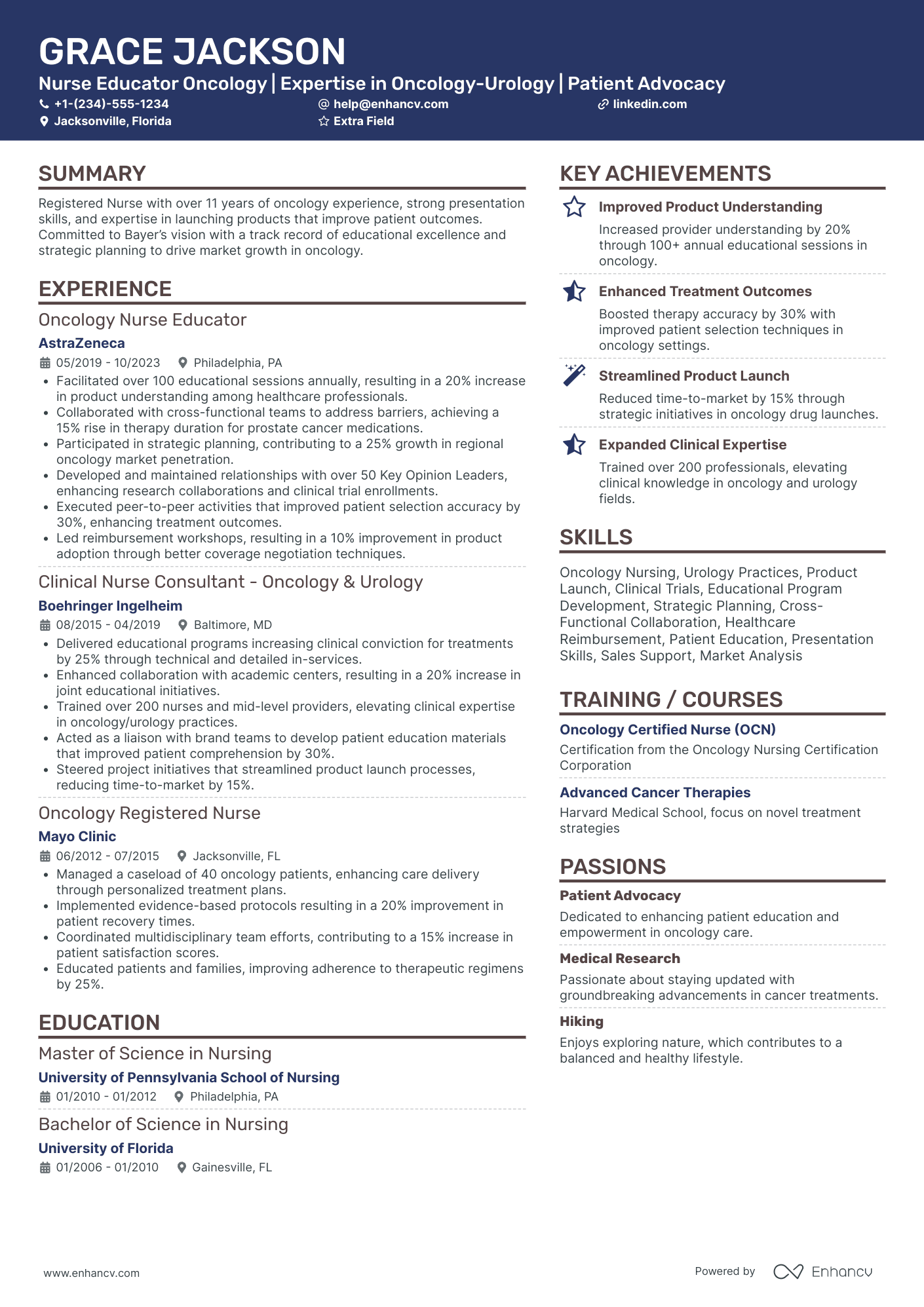 Oncology Nurse Educator Resume Example