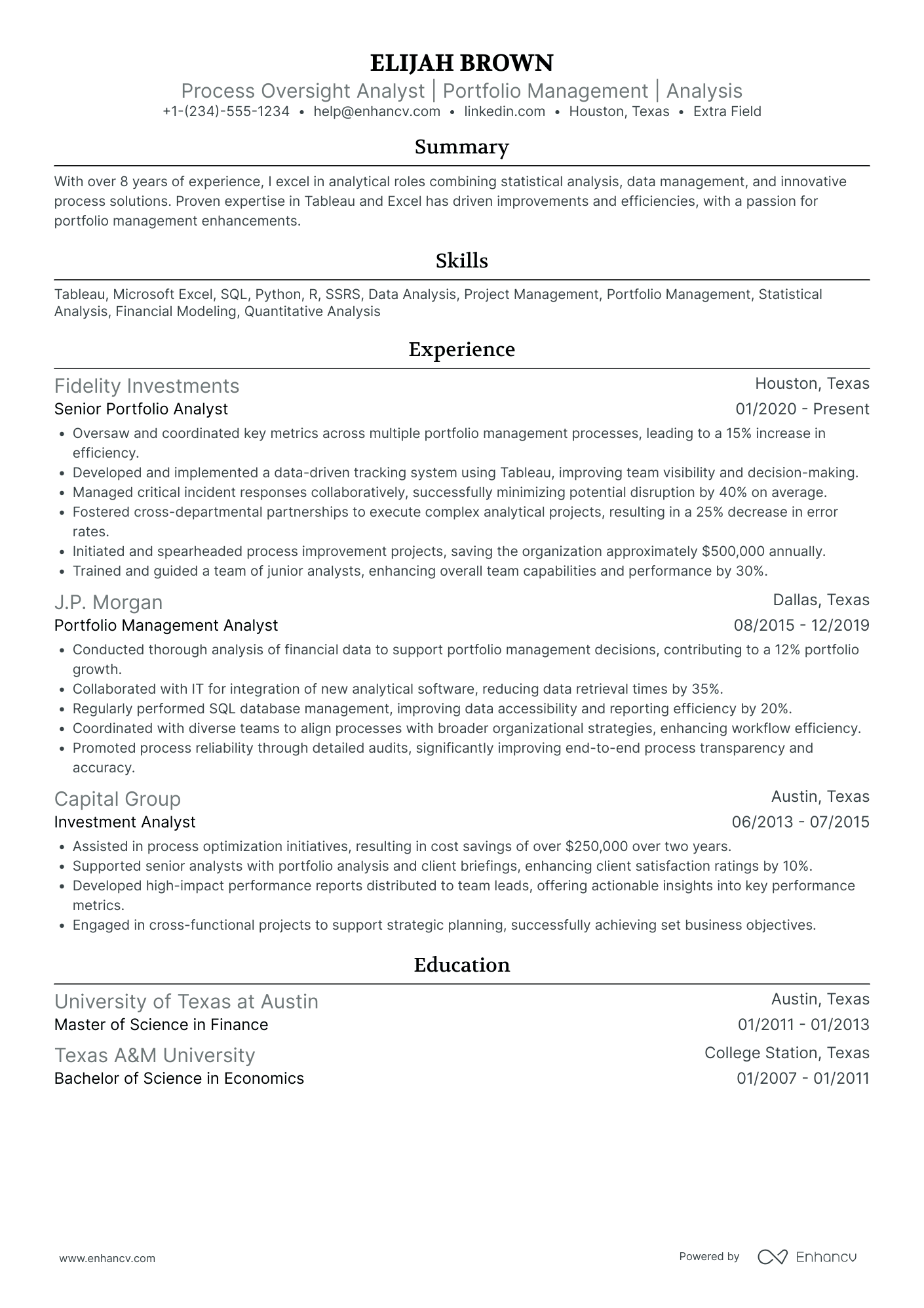 Portfolio Management Analyst Resume Example