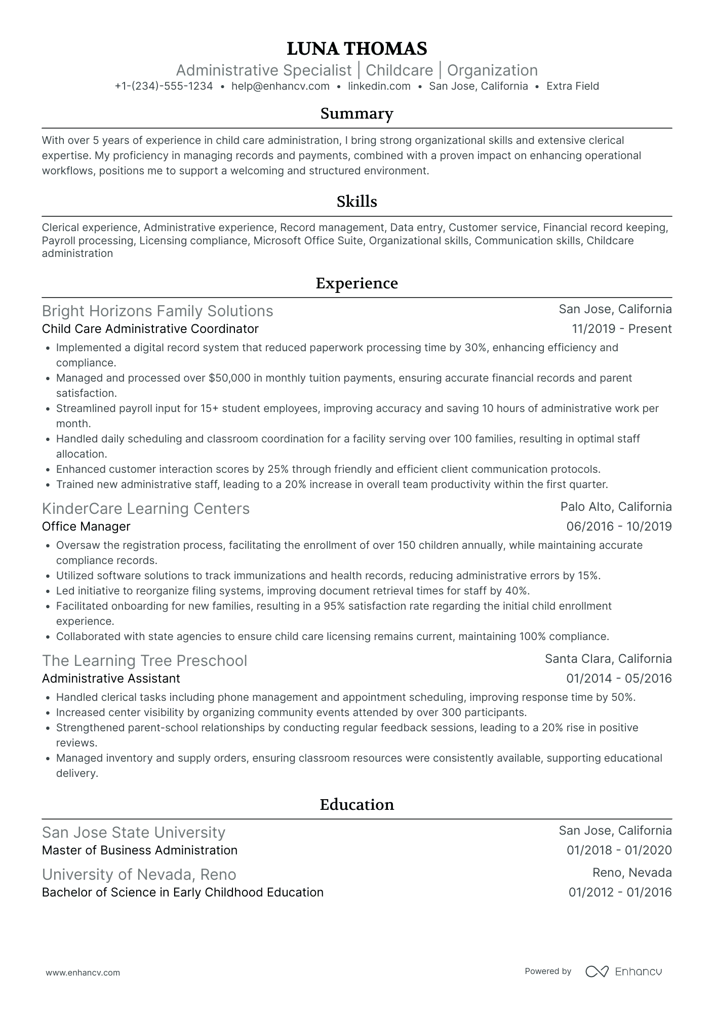 Child Care Administrator Resume Example