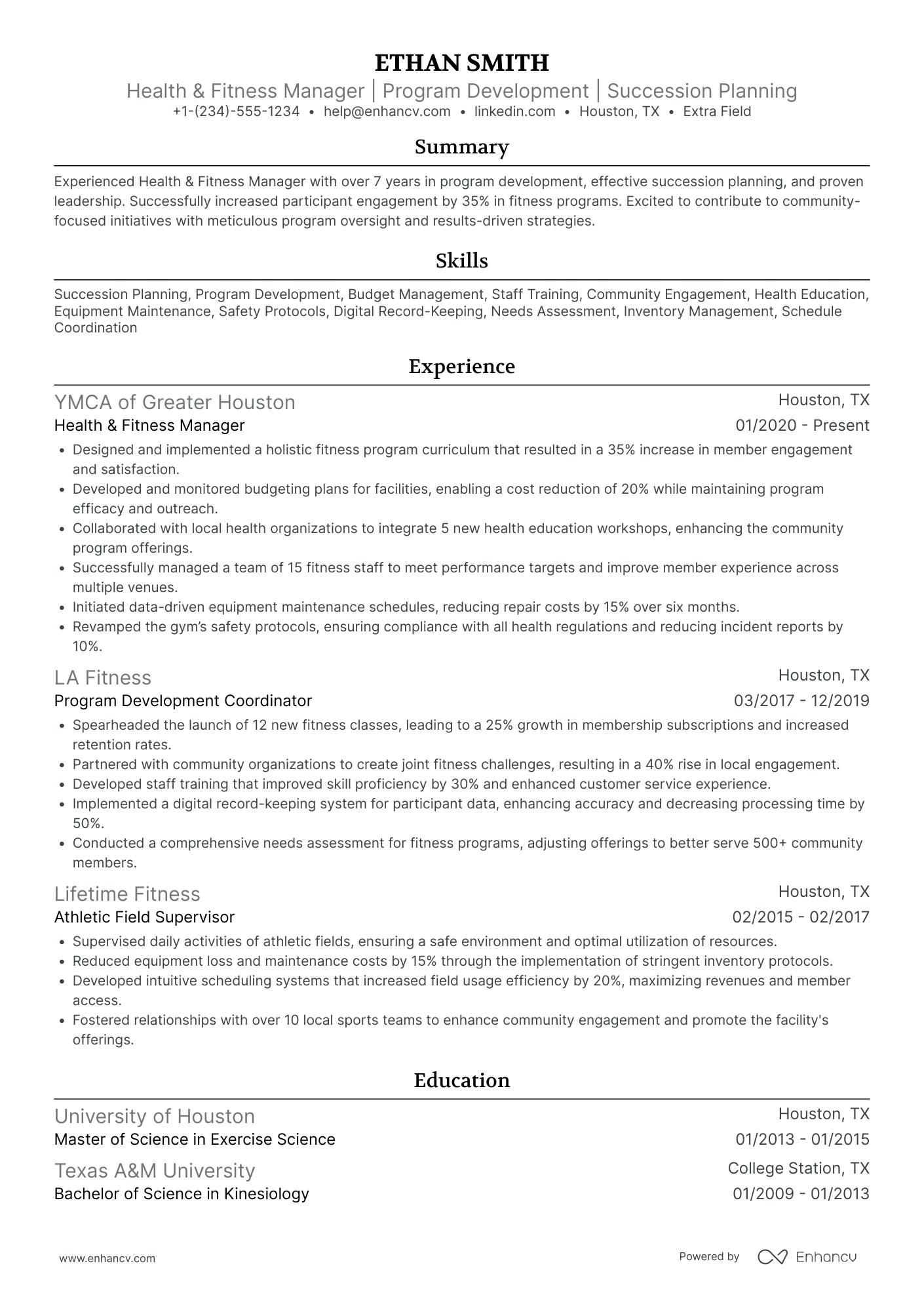 Corporate Fitness Manager Resume Example