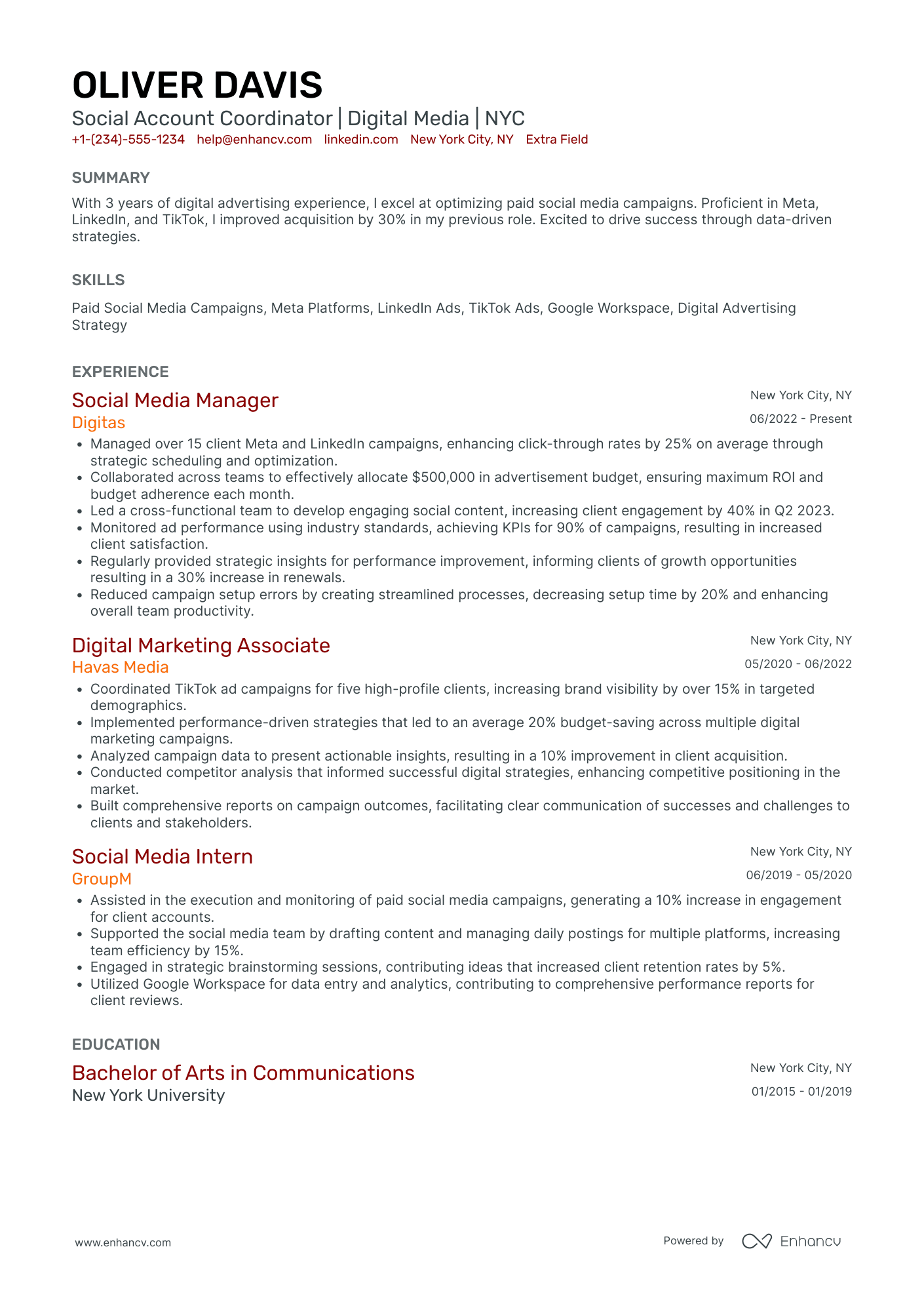 Junior Social Media Coordinator Resume Example