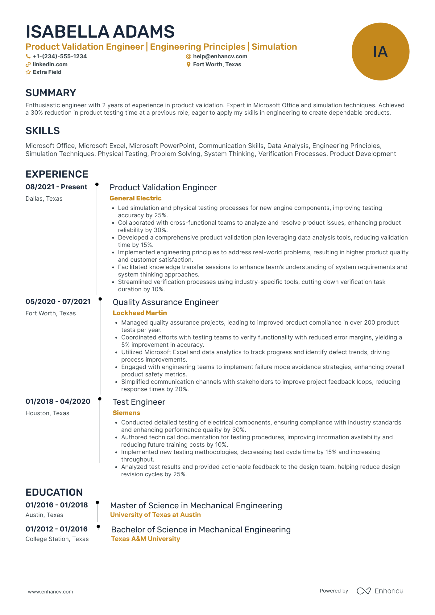 Product Validation Engineer Resume Example