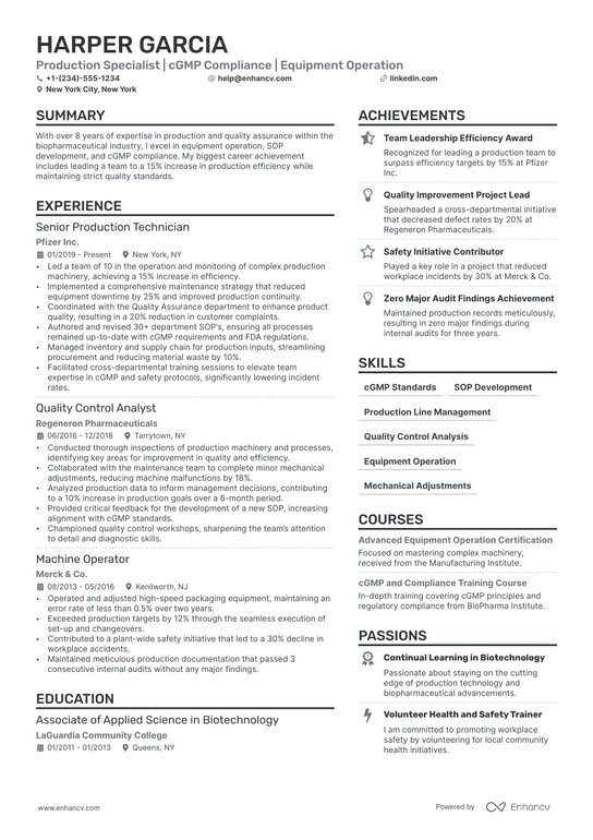 Manufacturing Technician Resume Example
