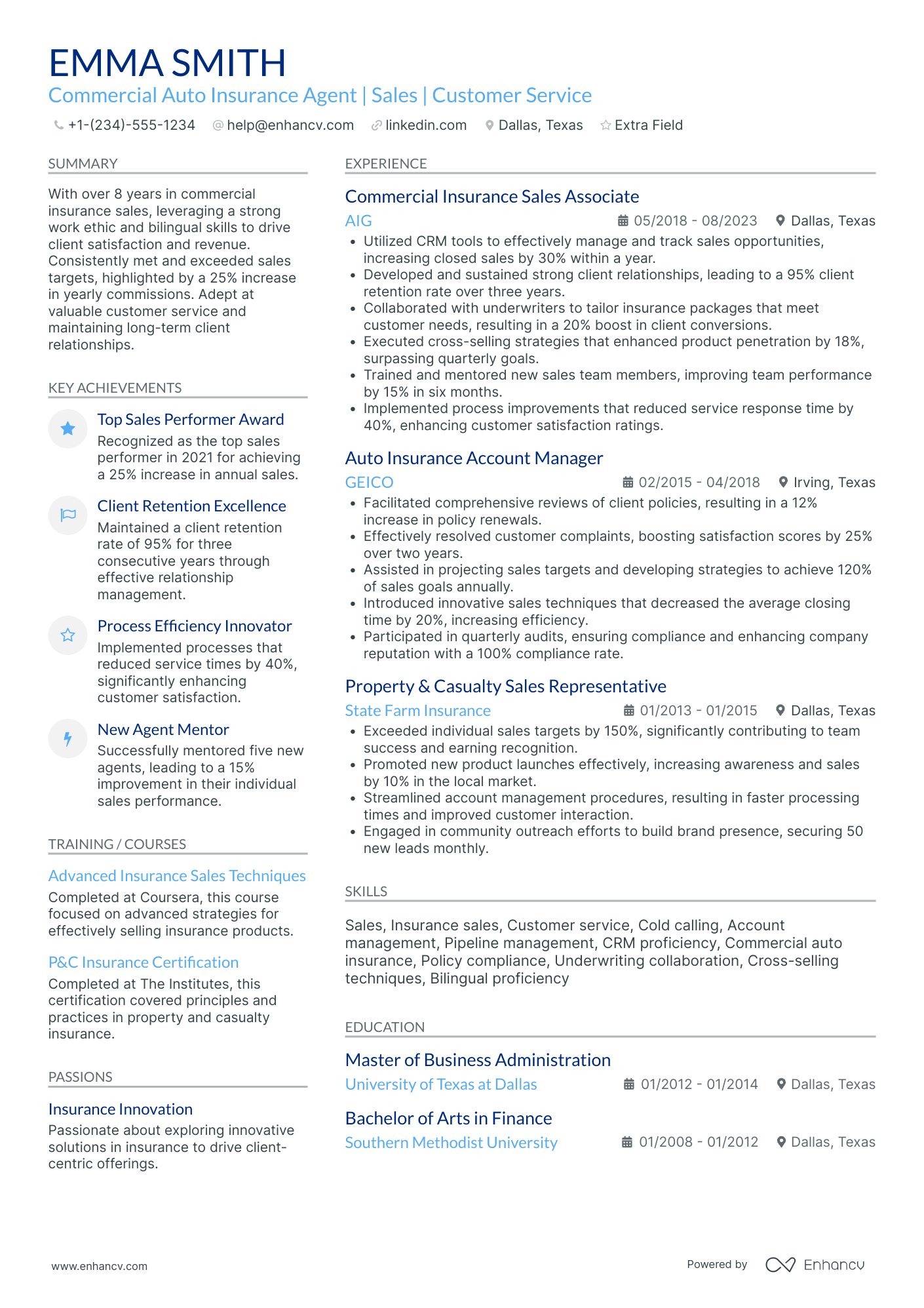 Auto Insurance Agent Resume Example