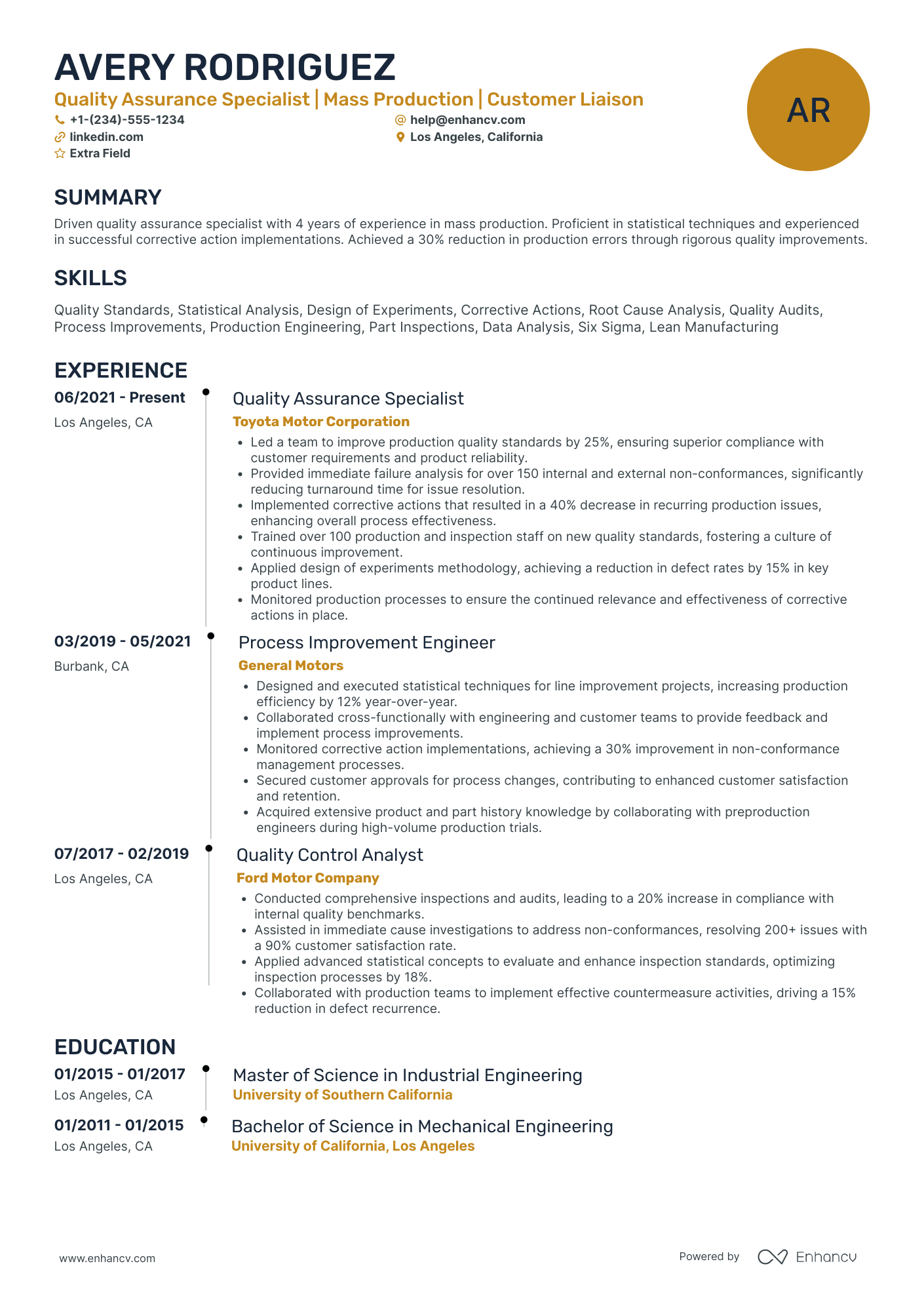 Quality Engineer I Resume Example