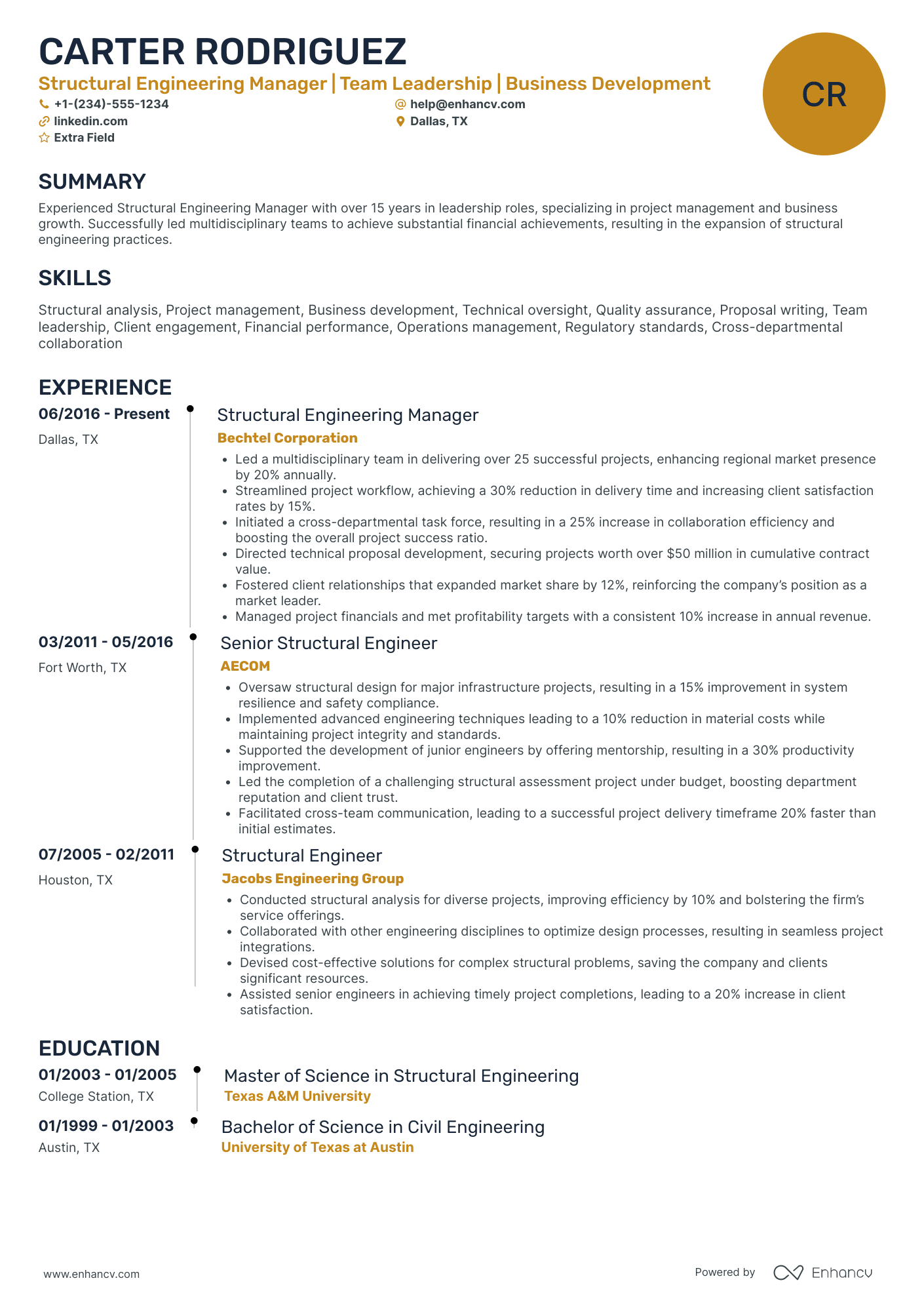 Structural Engineering Manager Resume Example