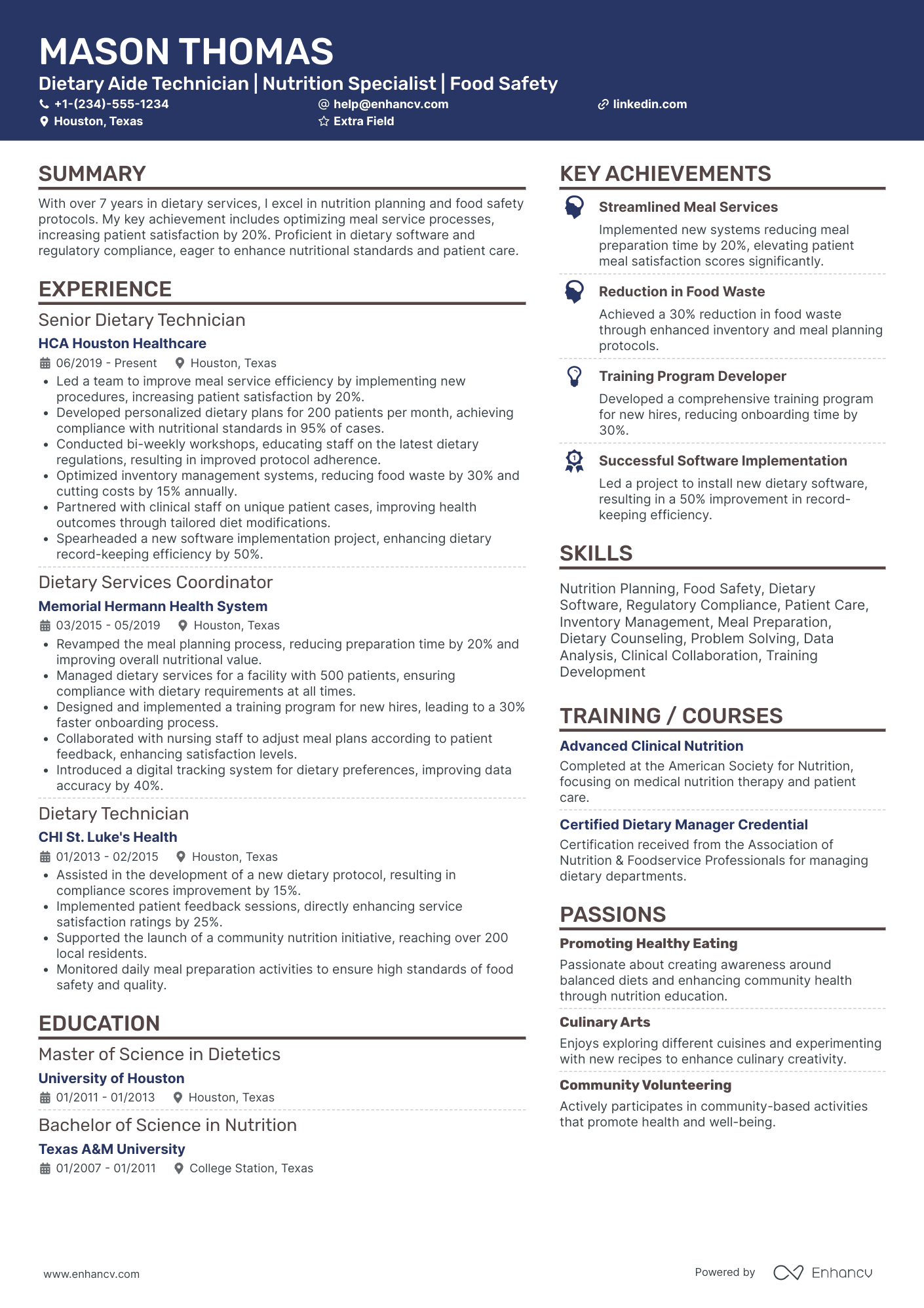 Dietary Aide Technician Resume Example