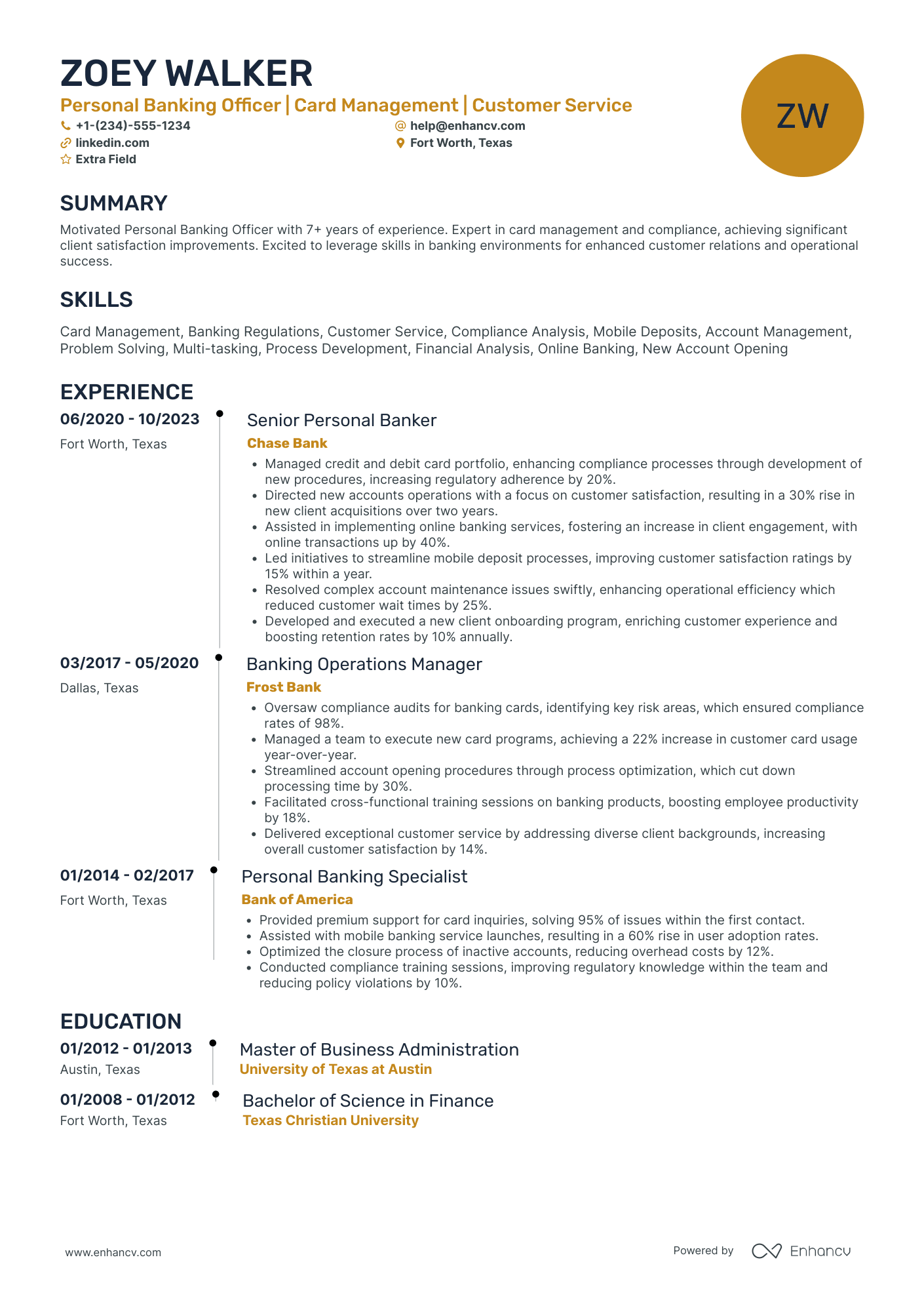 Personal Banking Officer Resume Example